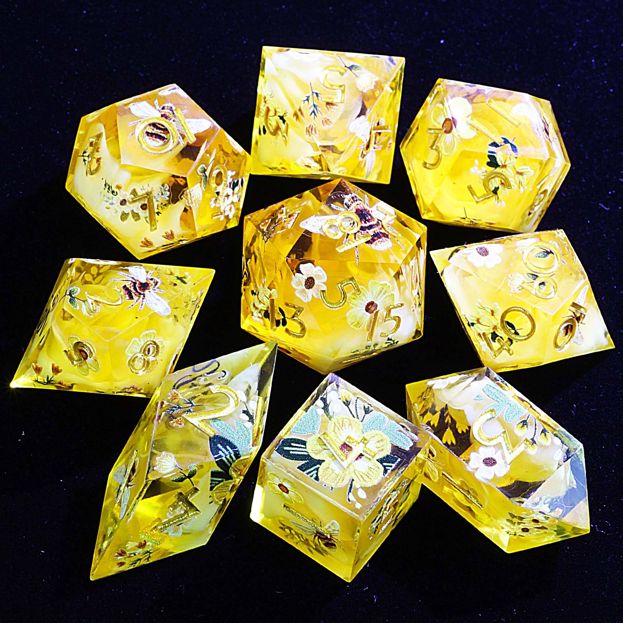9 Polyhedral Resin Set of D&D Dice Honey Blossom Nectar - Dice of Dragons