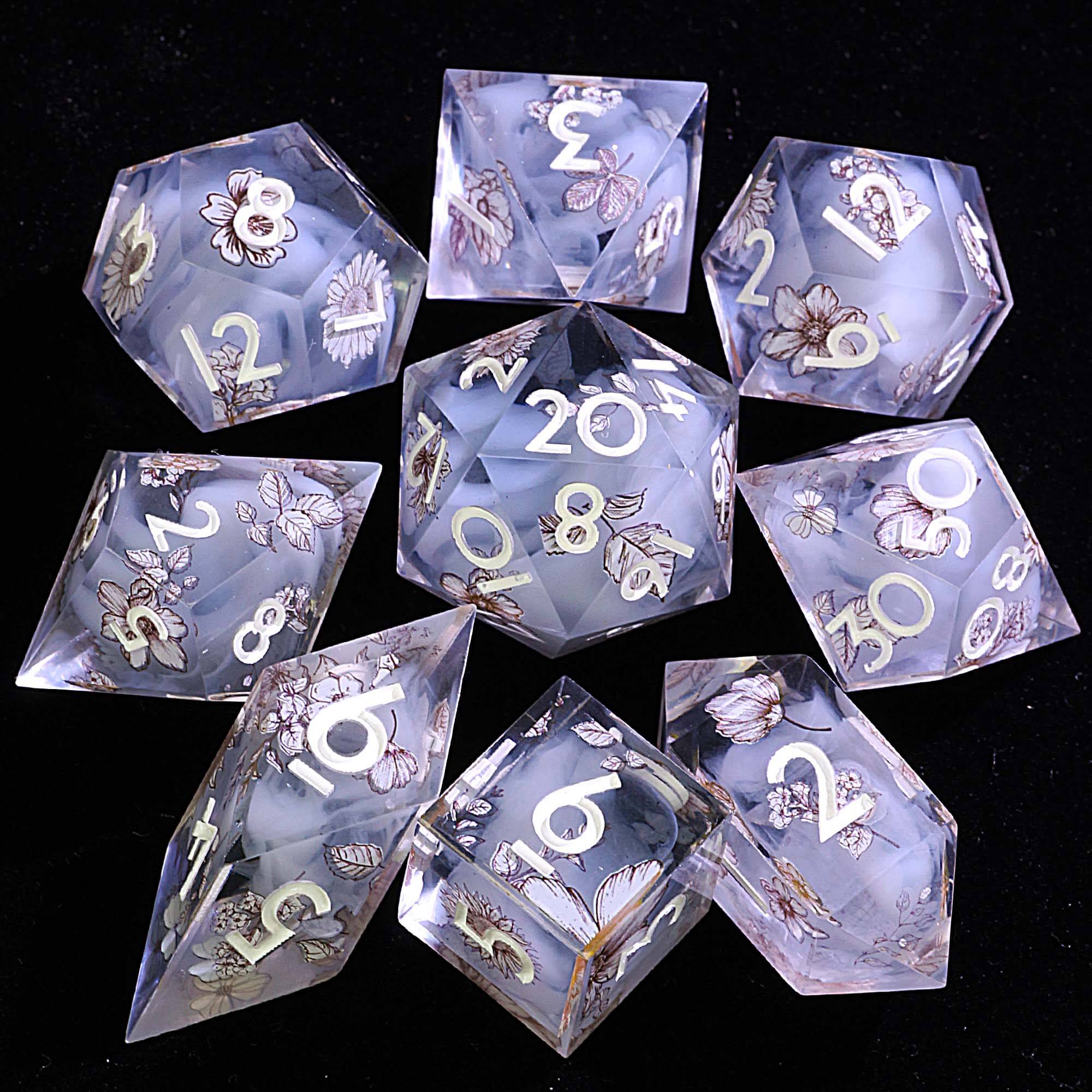 9 Polyhedral Resin Sets D and D Dice Ashen Petal Veil - Dice of Dragons
