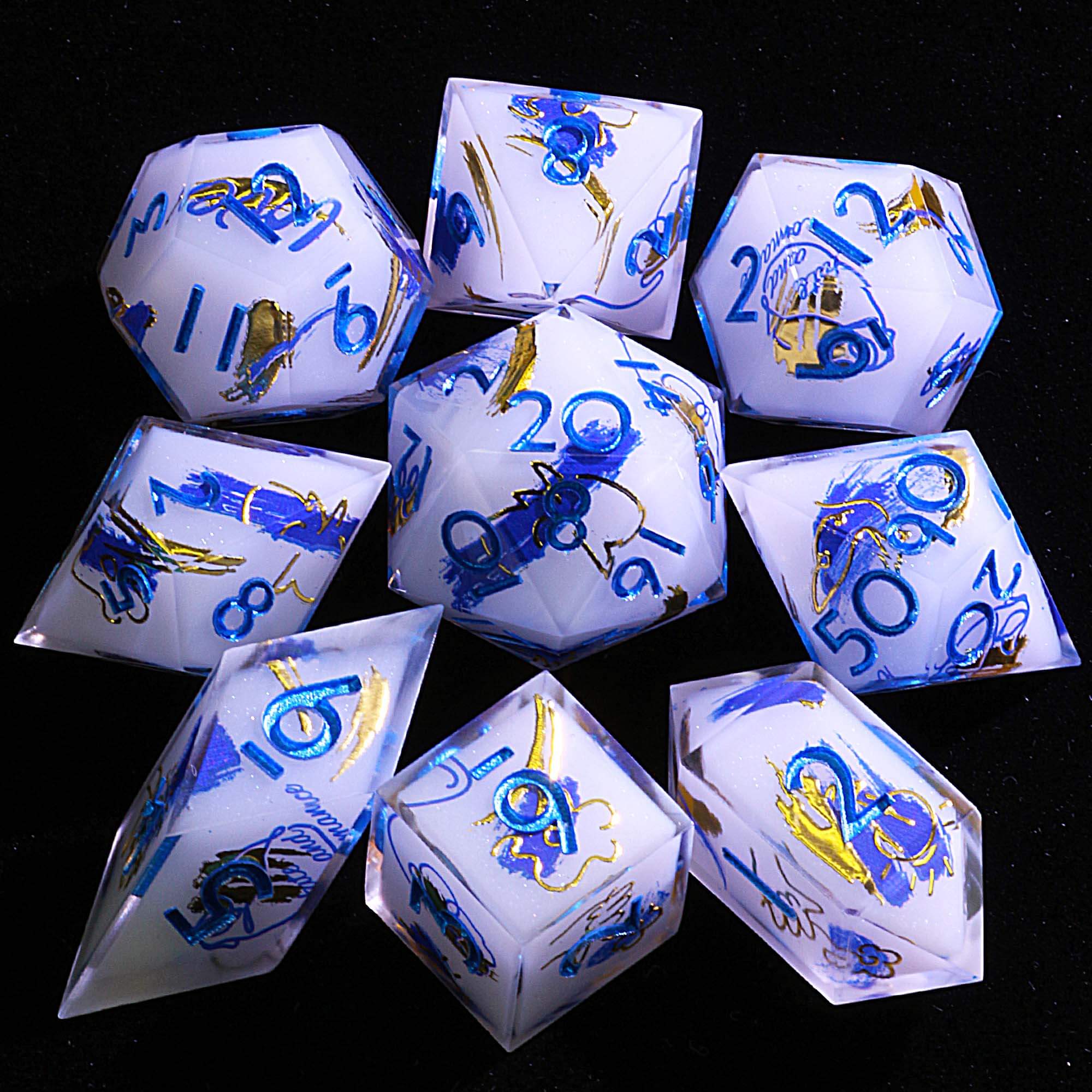 9 Polyhedral Resin Sets Dice DD Ink and Gold Scroll - Dice of Dragons