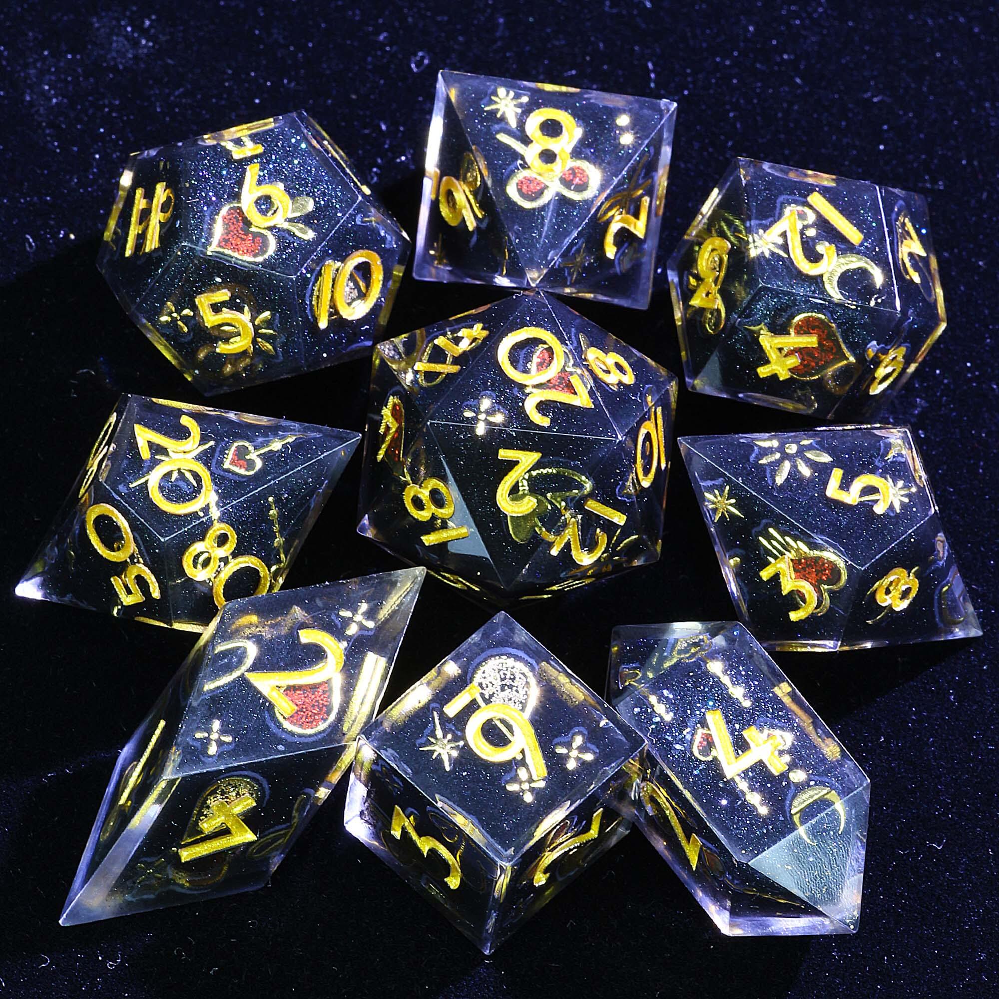 9 Polyhedral Resin Sets DnD Dice Obsidian Ribbon Oath - Dice of Dragons