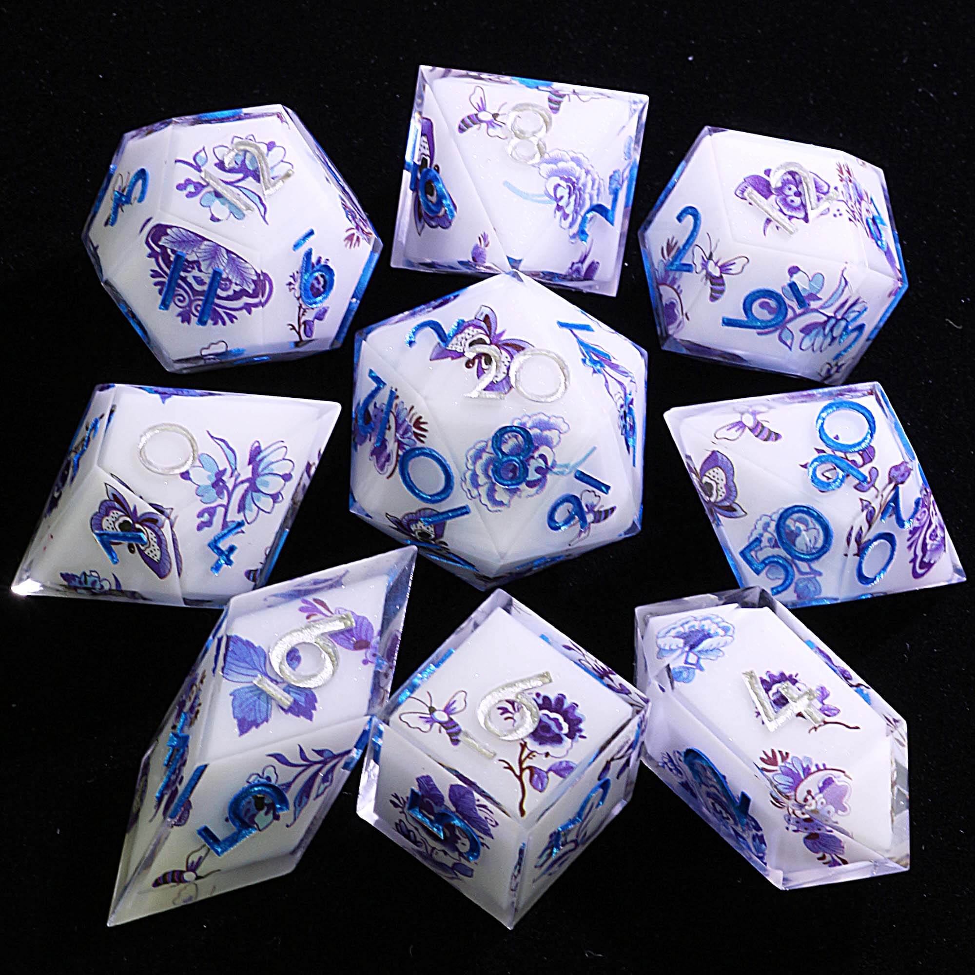 9 Polyhedral Resin Sets of DD Dice Blue Willow Mirage - Dice of Dragons