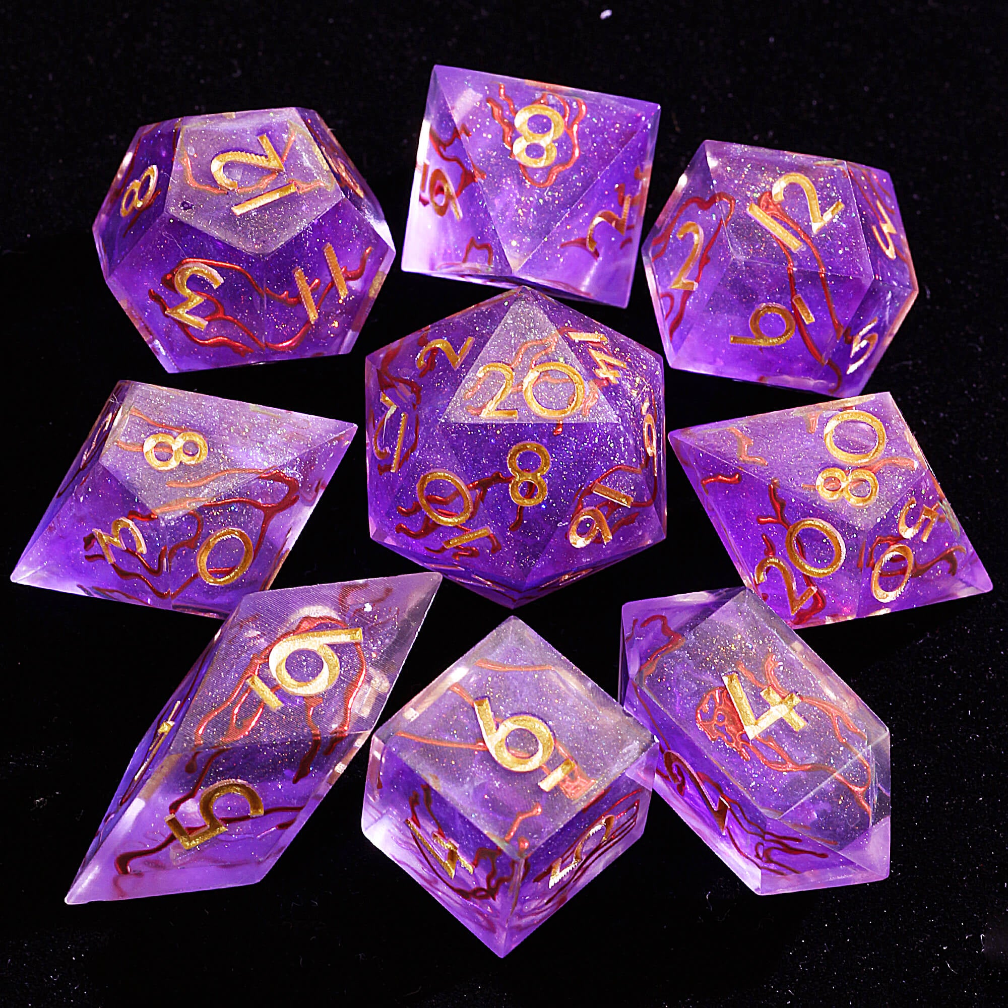 9 Polyhedral Resin Sets of Dice D&D Amethyst Gold Vein - Dice of Dragons