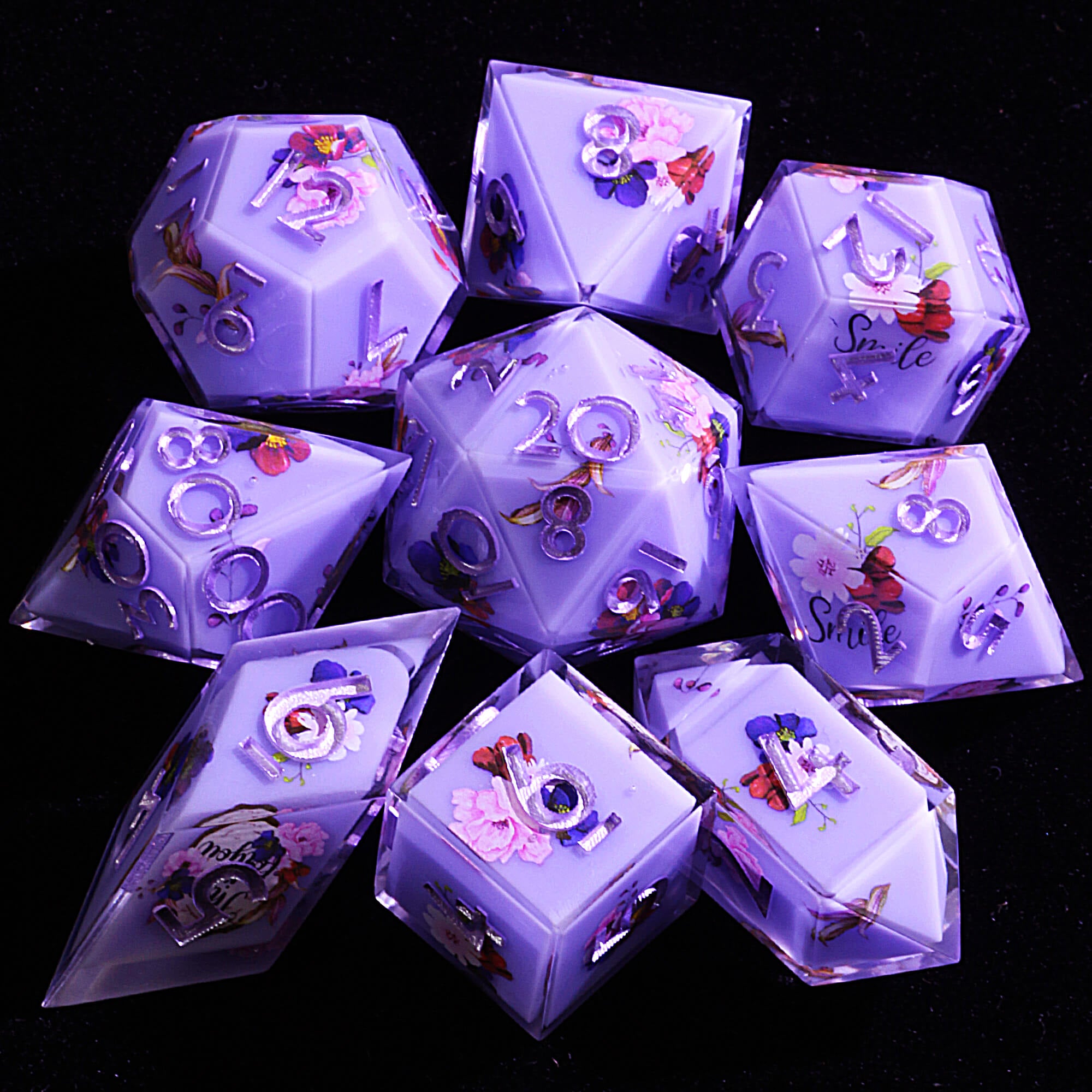 9 Polyhedral Resin Sets of Dice DnD Beautiful Classical Flower - Dice of Dragons