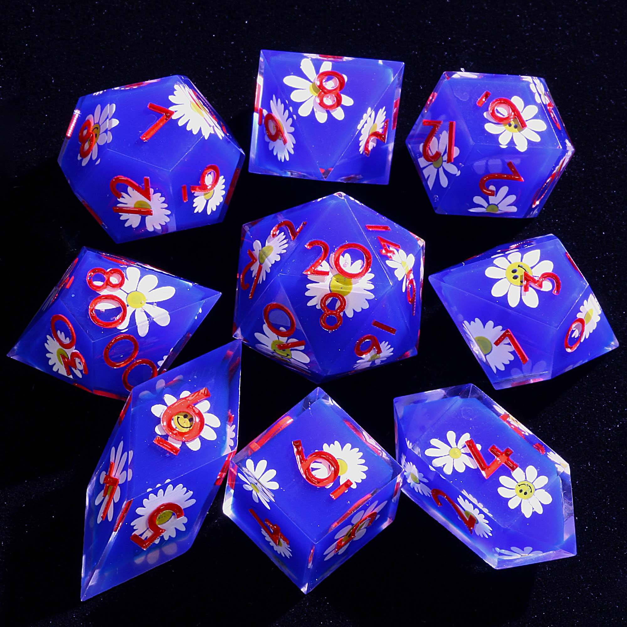 9 Polyhedral Resin Sets of Dice D&D Denim Daisy Sun - Dice of Dragons