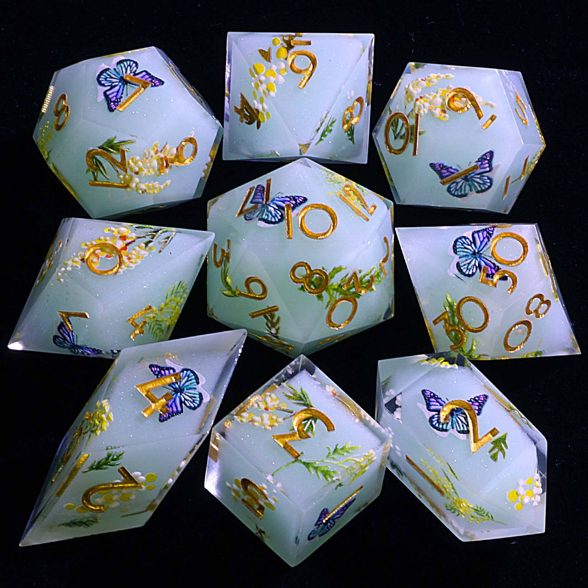 9 Polyhedral Resin Sets of Dice DnD Orchid Breeze Spring - Dice of Dragons