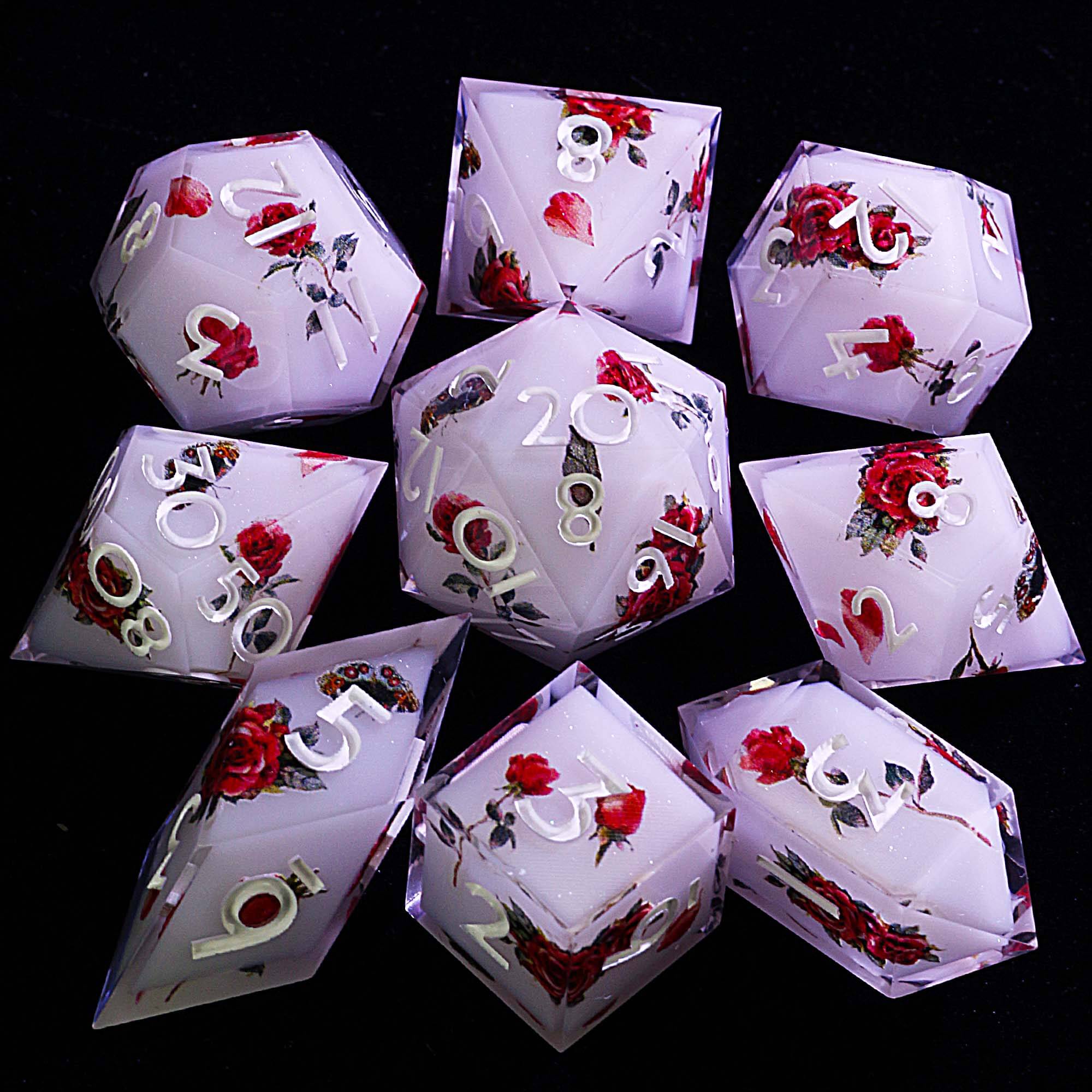 9 Polyhedral Resin Sets of Dice D&D White Romantic Butterfly Rose - Dice of Dragons