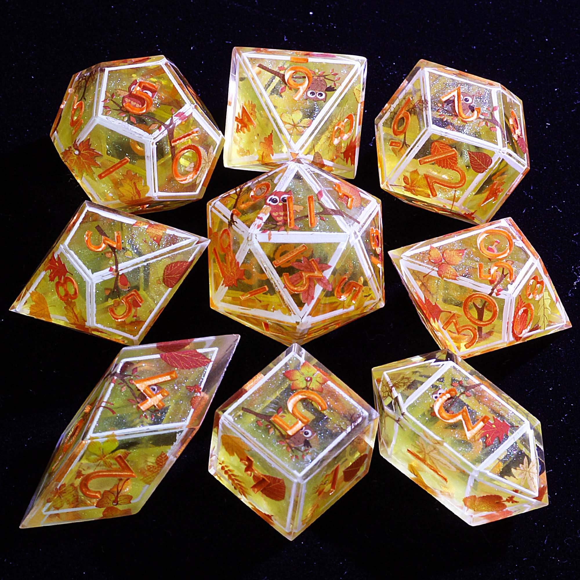 9 Polyhedral Resin Sets of DnD Dice Amber Owl’s Covenant - Dice of Dragons