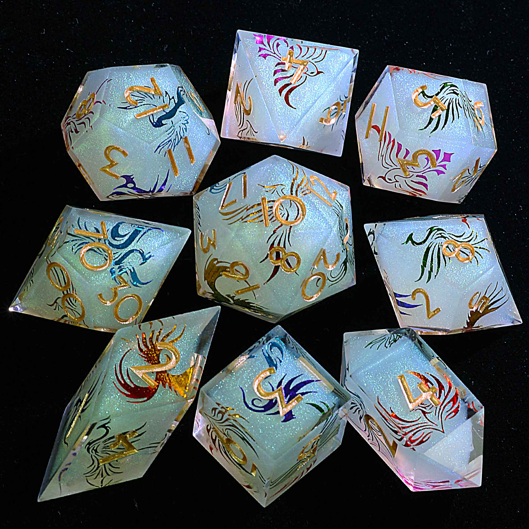 9 Polyhedral Resin Sets of DnD Dice Verdant Dragon Glyph