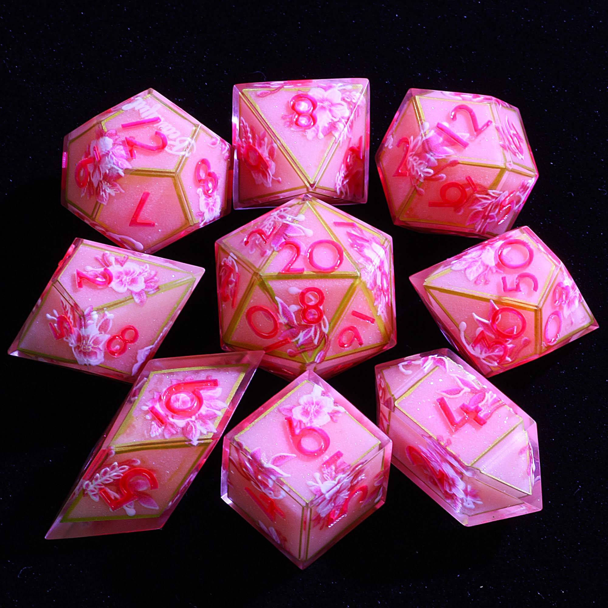 9 Polyhedral Sets Dice D and D Rose Quartz Stardust - Dice of Dragons