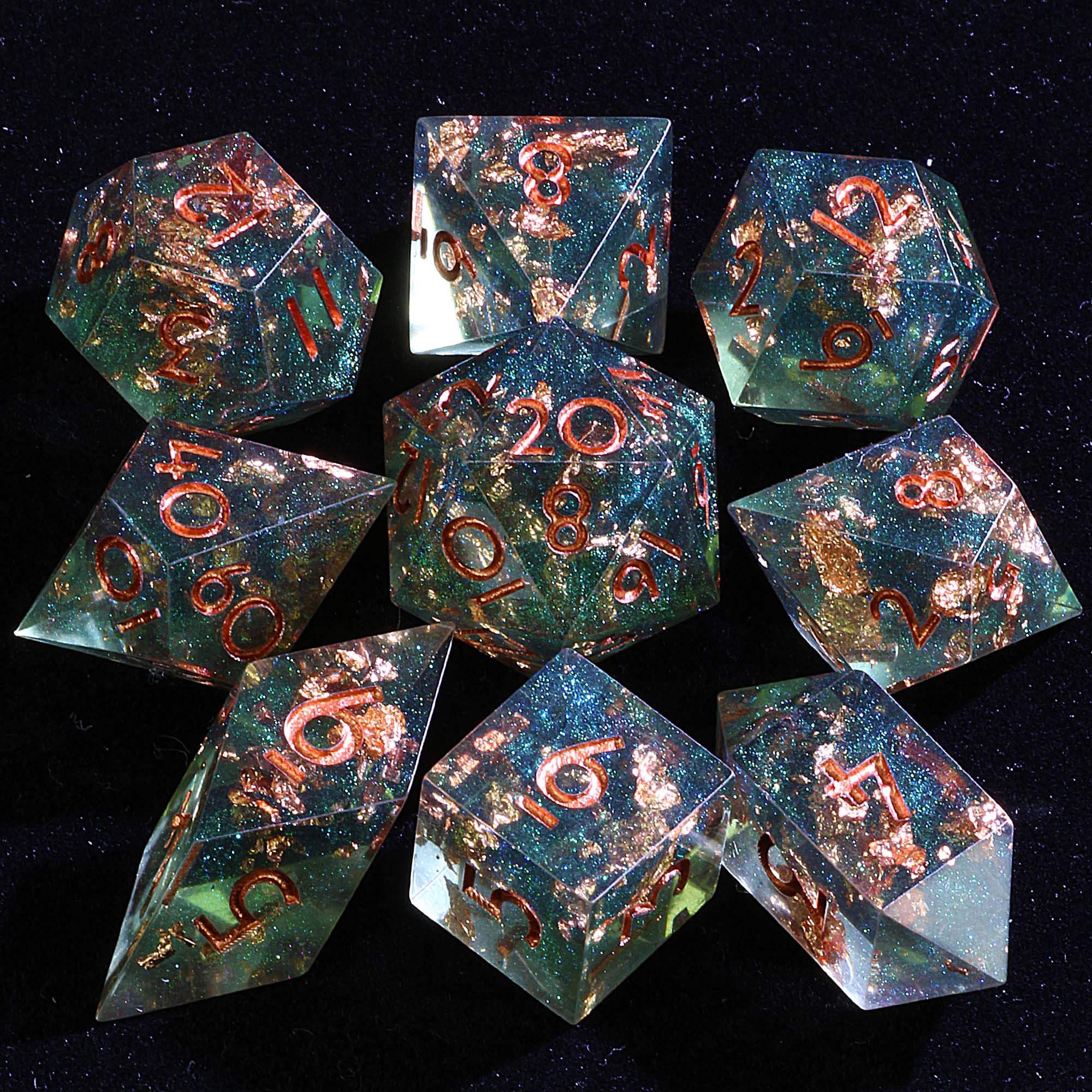 9 Polyhedral Sets DnD Dice Golden Verdant - Dice of Dragons