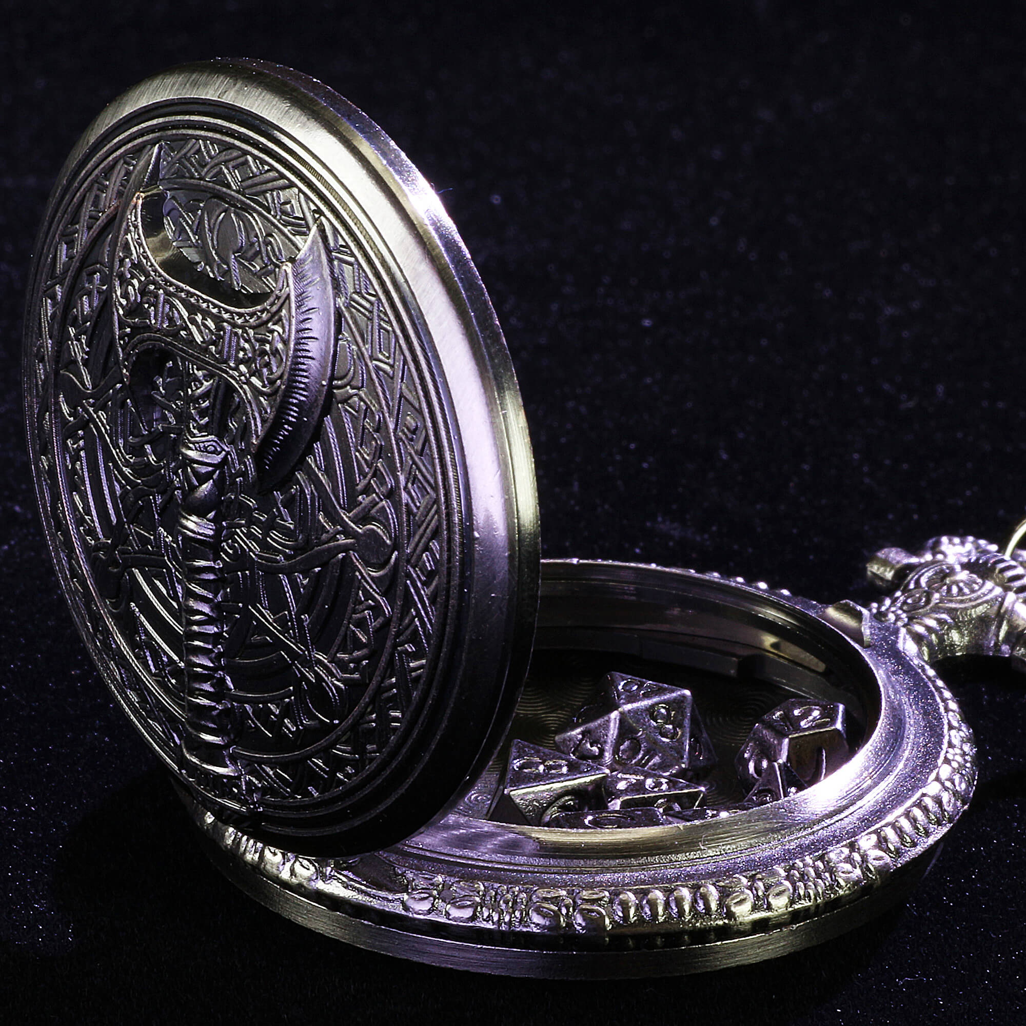 Barbarian Axe Mini Polyhedral Metal D&D Dice Set with Pocket Watch Shell Case - Dice of Dragons