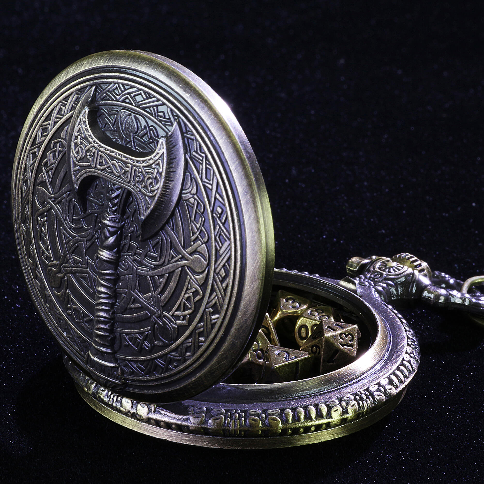 Barbarian Axe Mini Polyhedral Metal D&D Dice Set with Pocket Watch Shell Case - Dice of Dragons