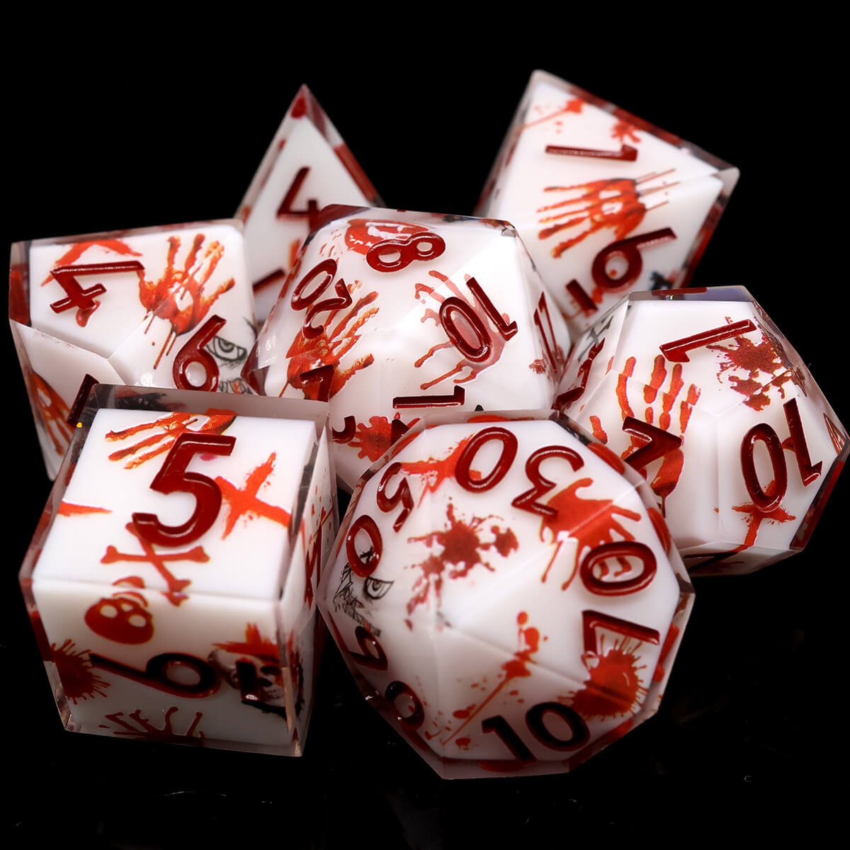 Blood Handprint 7-Piece DND Dice Set Sharp Edge Layered - Dice of Dragons