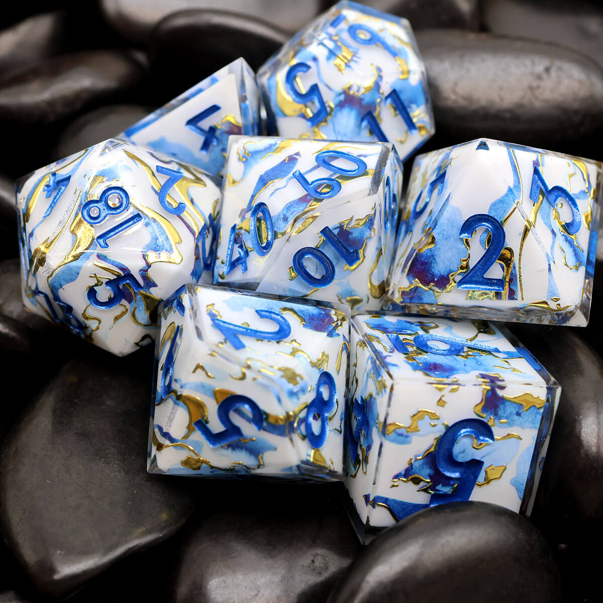 Blue Gold 7-Piece Sharp Edge DND Dice Set - Dice of Dragons