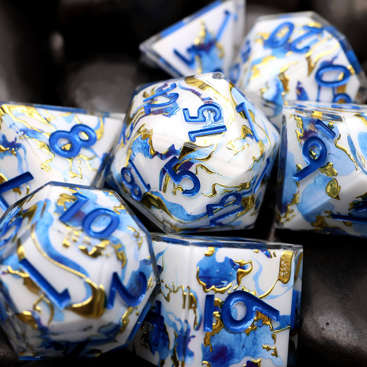 Blue Gold 7-Piece Sharp Edge DND Dice Set - Dice of Dragons