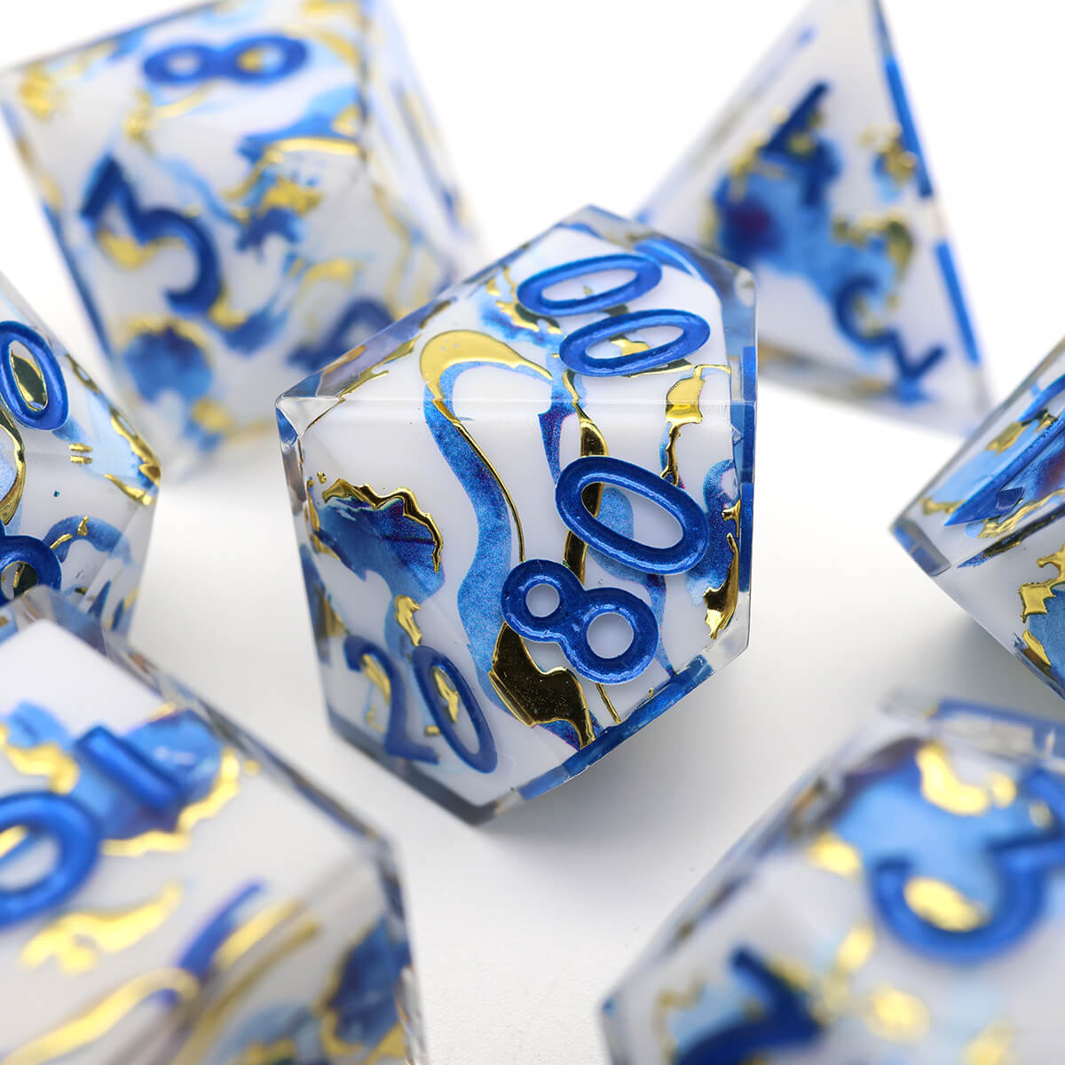 Blue Gold 7-Piece Sharp Edge DND Dice Set - Dice of Dragons