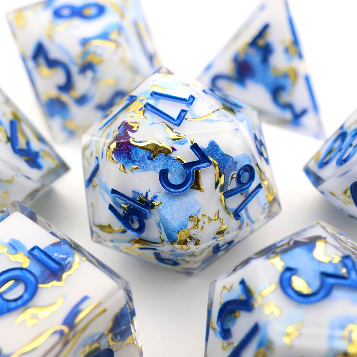 Blue Gold 7-Piece Sharp Edge DND Dice Set - Dice of Dragons