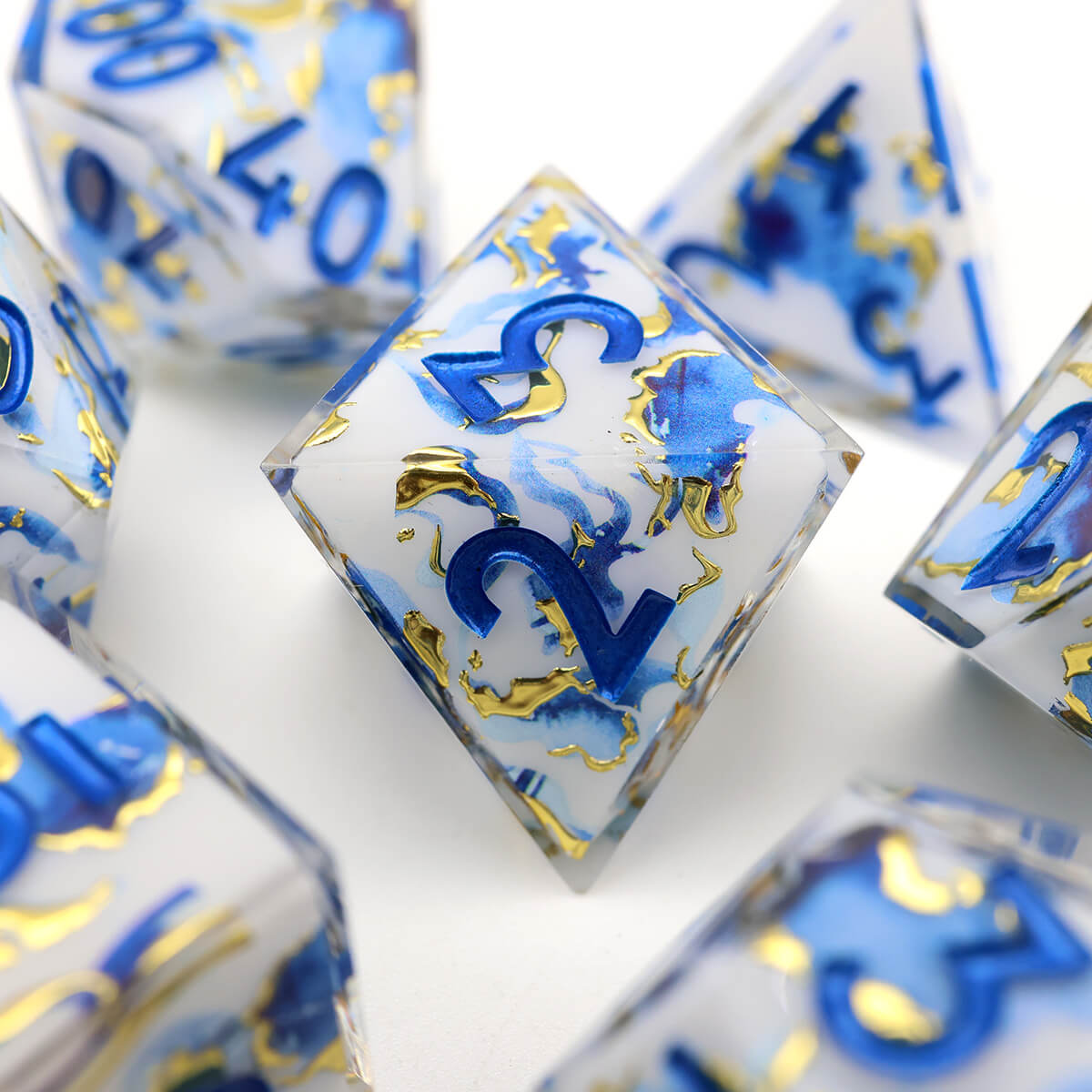 Blue Gold 7-Piece Sharp Edge DND Dice Set - Dice of Dragons