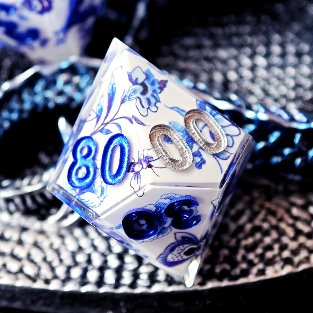 Blue and White Porcelain Sharp Edge Resin Polyhedral 7-Piece D&D Dice Set - Dice of Dragons