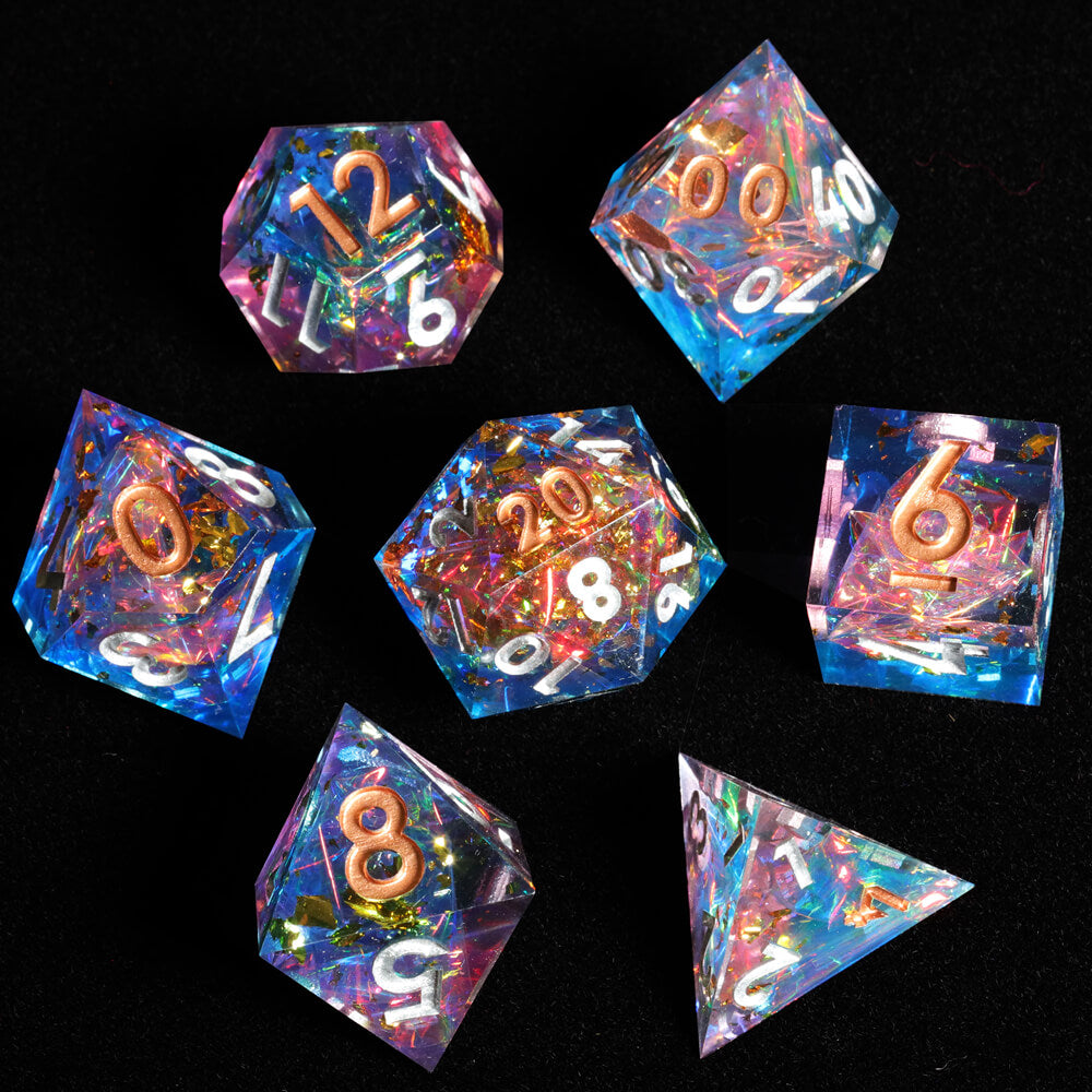 D&D 7-Piece Sharp Edge Cozy Weekend Polyhedral Resin Dice Set - Dice of Dragons