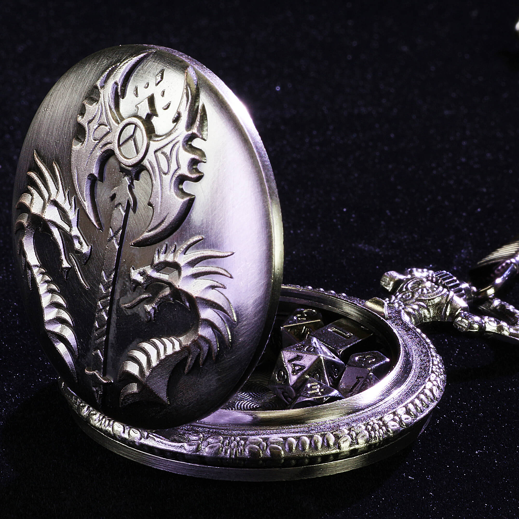 Dragon Axe Mini Polyhedral Metal D&D Dice Sets with Pocket Watch Shell Case - Dice of Dragons
