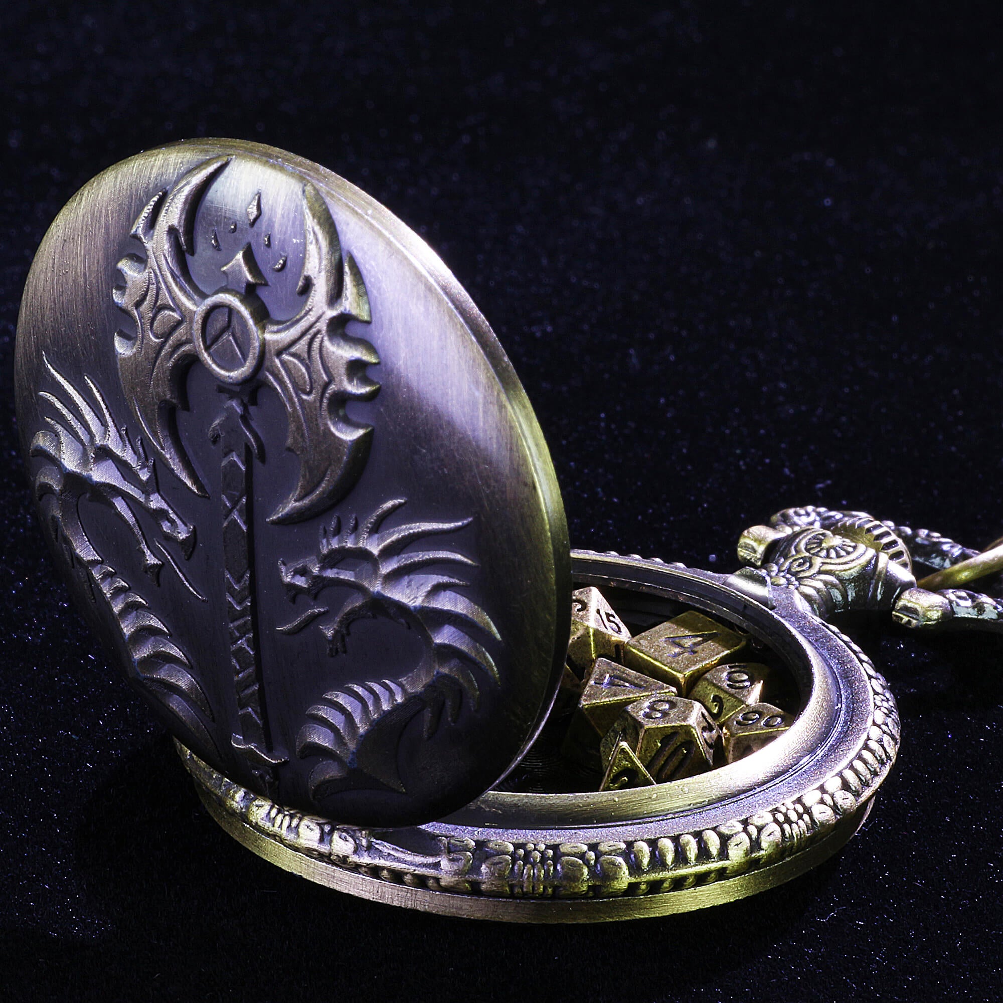 Dragon Axe Mini Polyhedral Metal D&D Dice Sets with Pocket Watch Shell Case - Dice of Dragons
