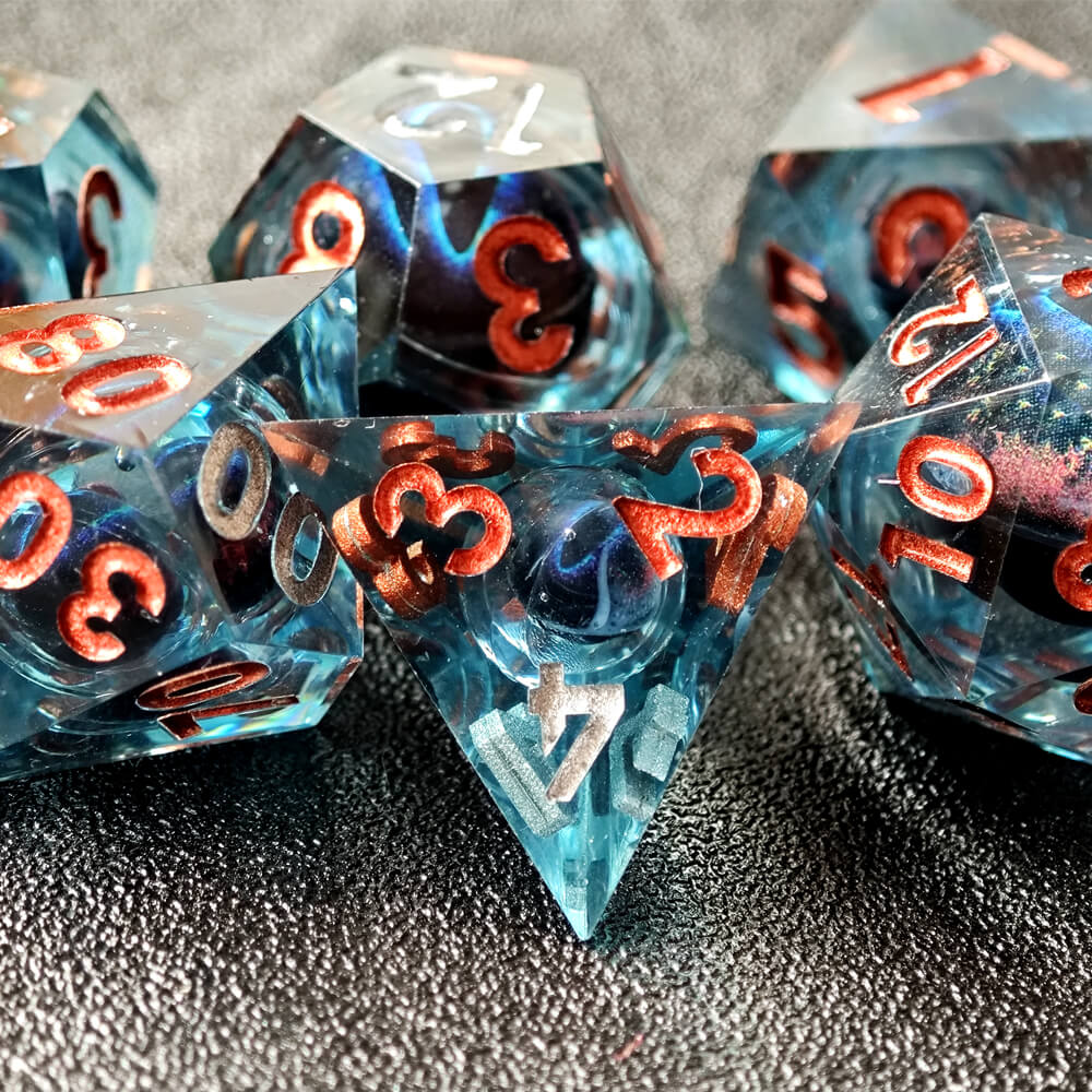 Dragon Eye Sharp Edge Resin Polyhedral 7-Piece D&D Dice Set - Dice of Dragons