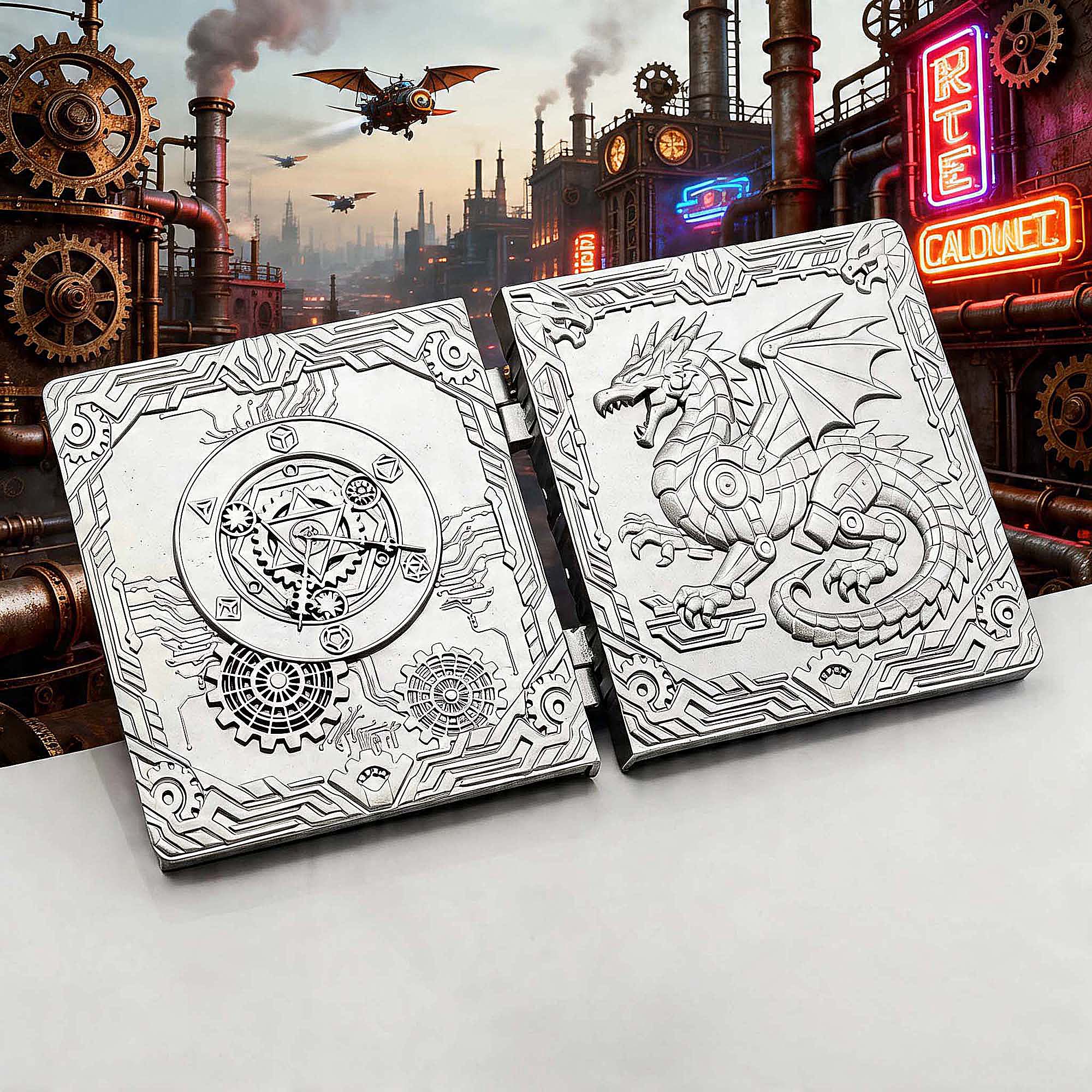 Dragon Machine Gear 7 in 1 Rotating Roulette DND Metal Dice Magic Book Grimoire - Dice of Dragons