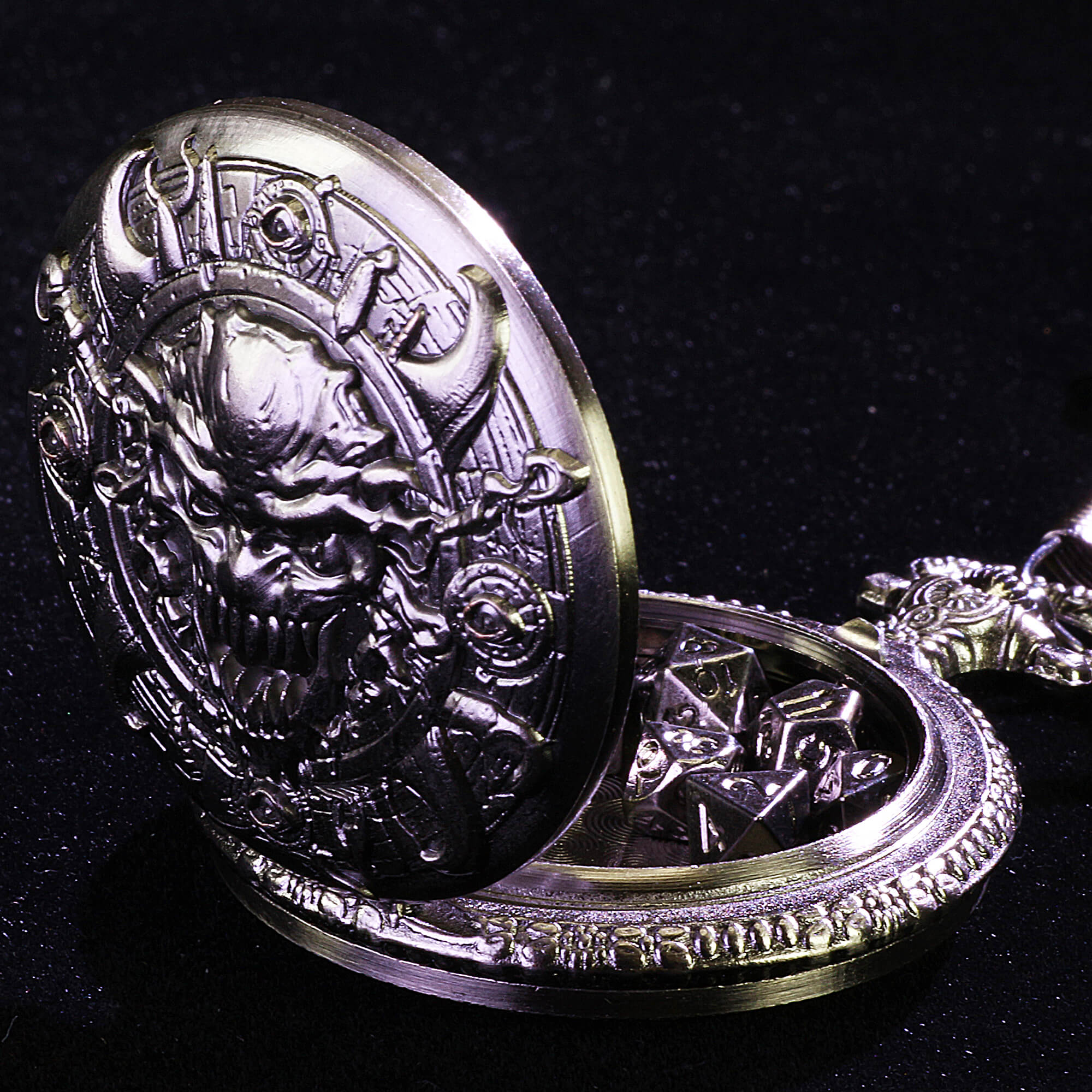Eye Demon Mini Polyhedral Metal DD Dice Sets with Pocket Watch Shell Case - Dice of Dragons