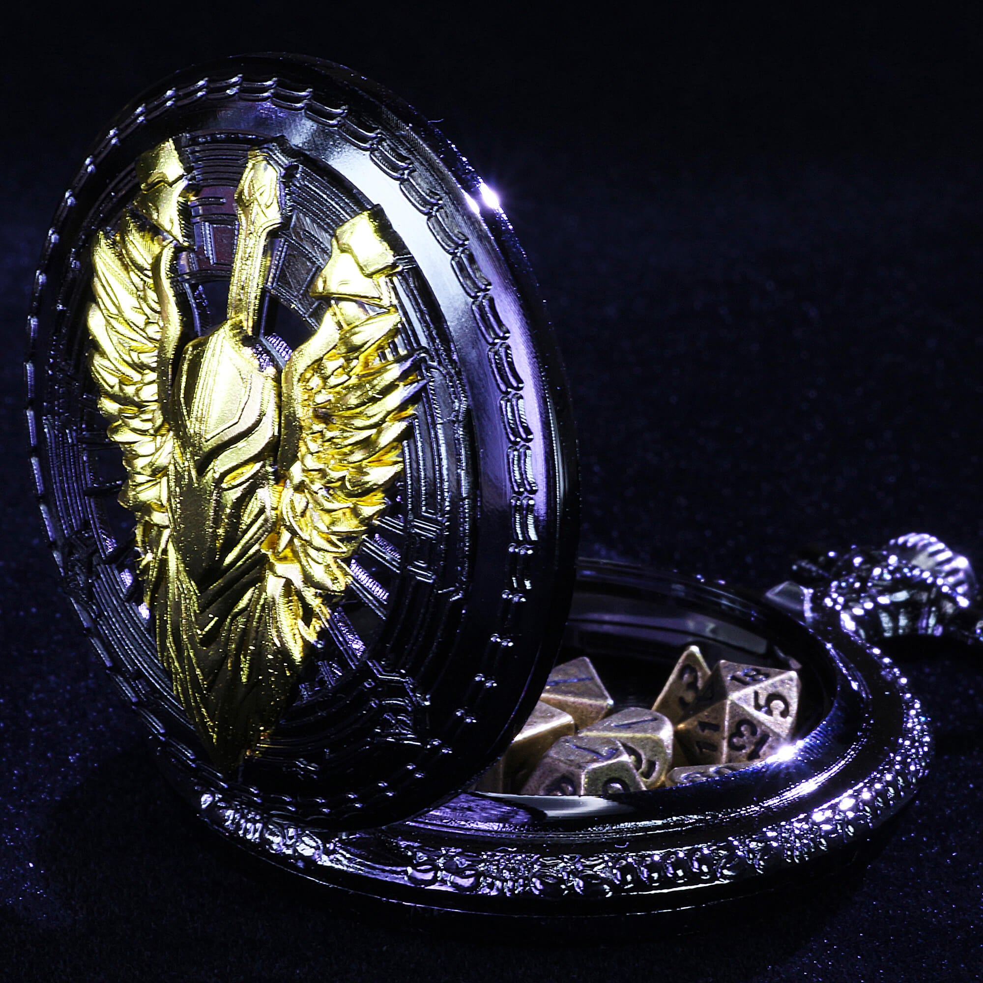 Fighter Mini Polyhedral Metal Dice Set D and D with Pocket Watch Shell Case - Dice of Dragons