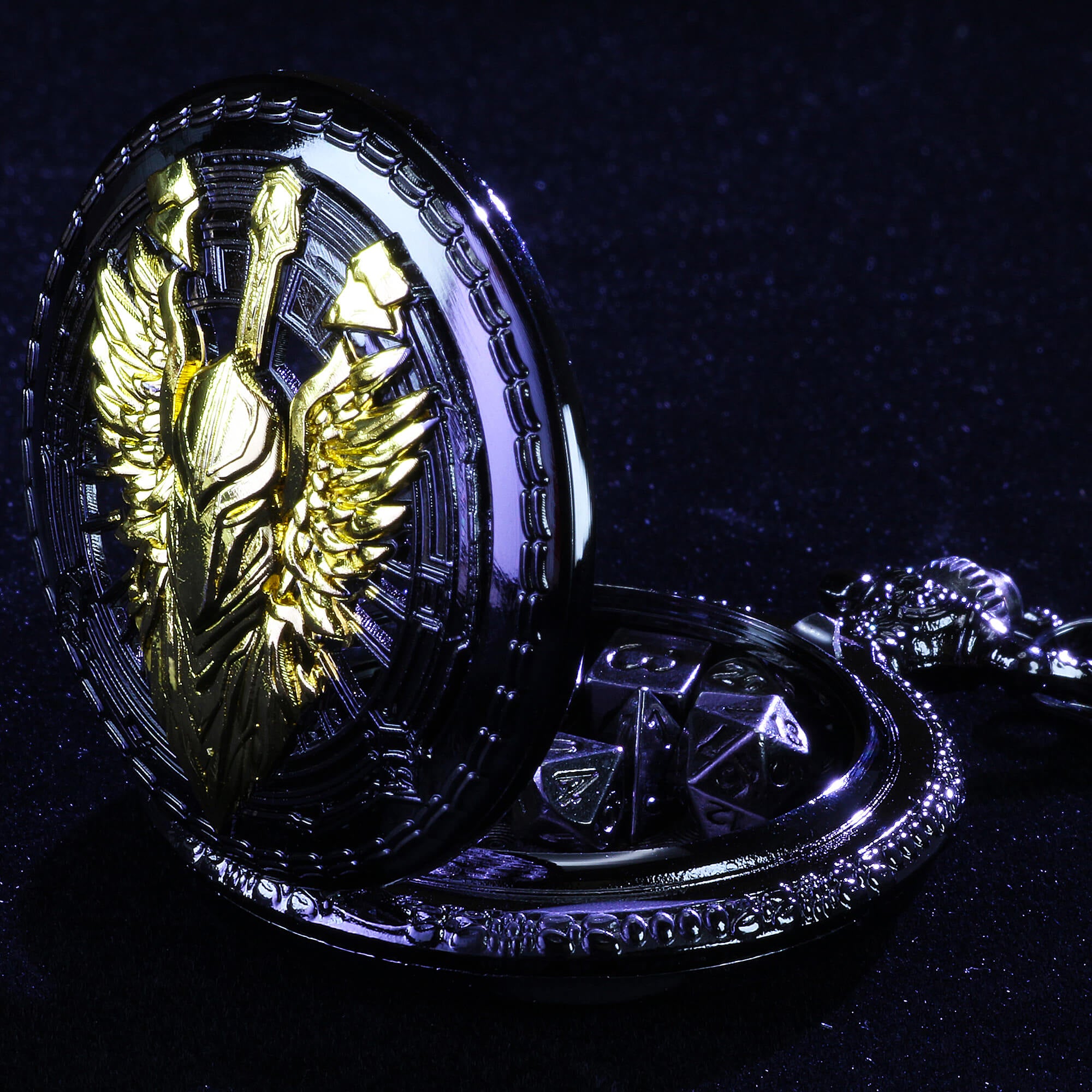 Fighter Mini Polyhedral Metal Dice Set D and D with Pocket Watch Shell Case - Dice of Dragons