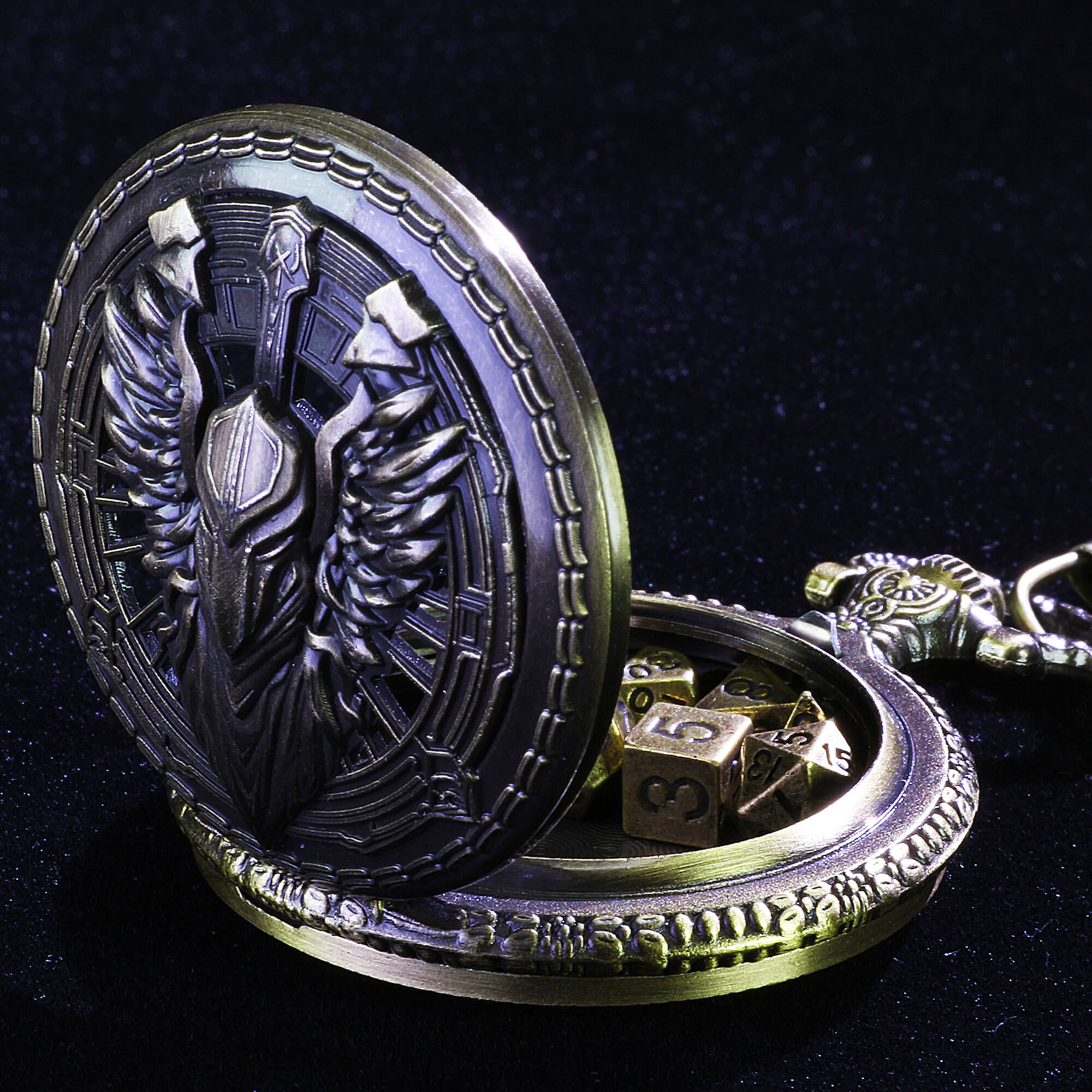 Fighter Mini Polyhedral Metal Dice Set D and D with Pocket Watch Shell Case - Dice of Dragons