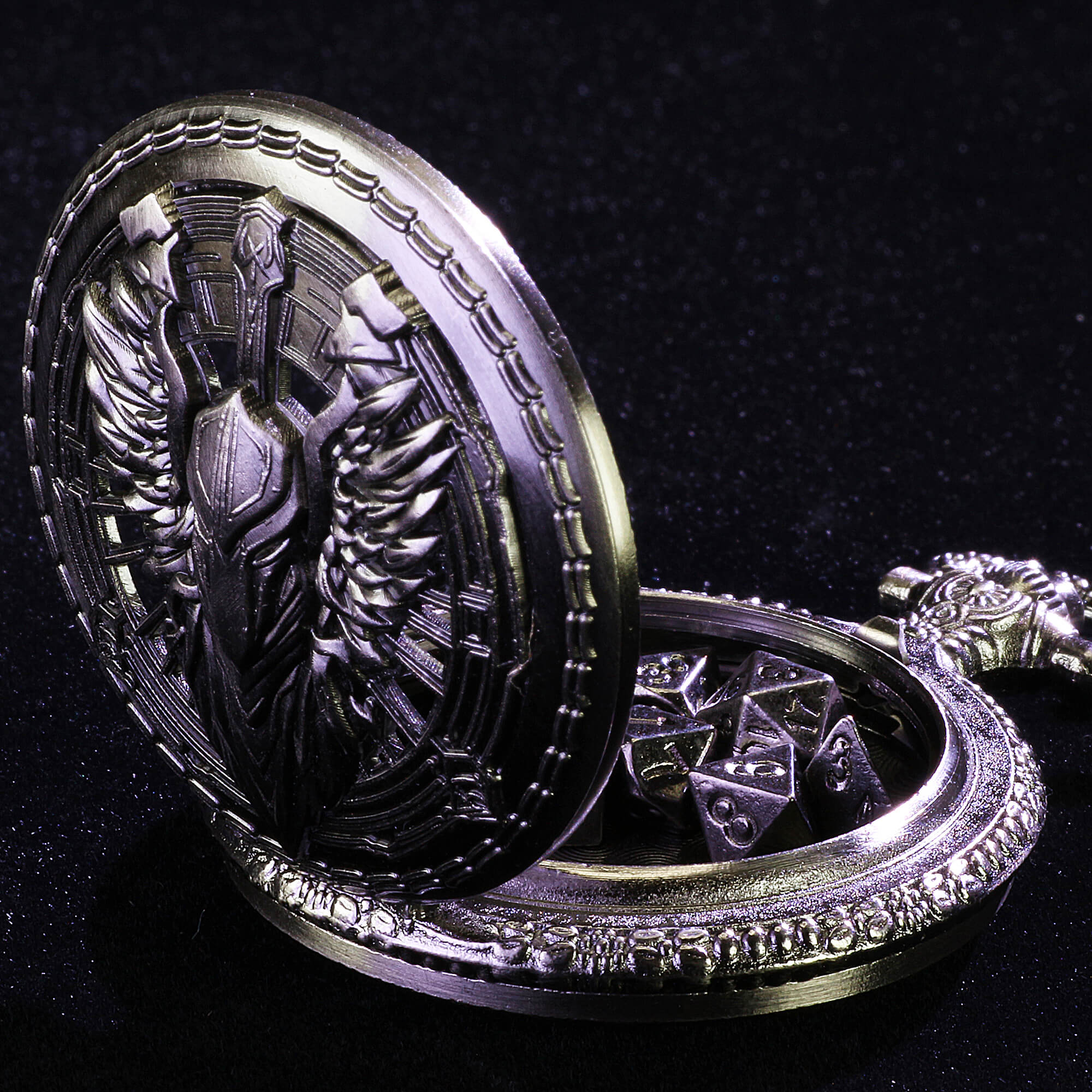 Fighter Mini Polyhedral Metal Dice Set D and D with Pocket Watch Shell Case - Dice of Dragons