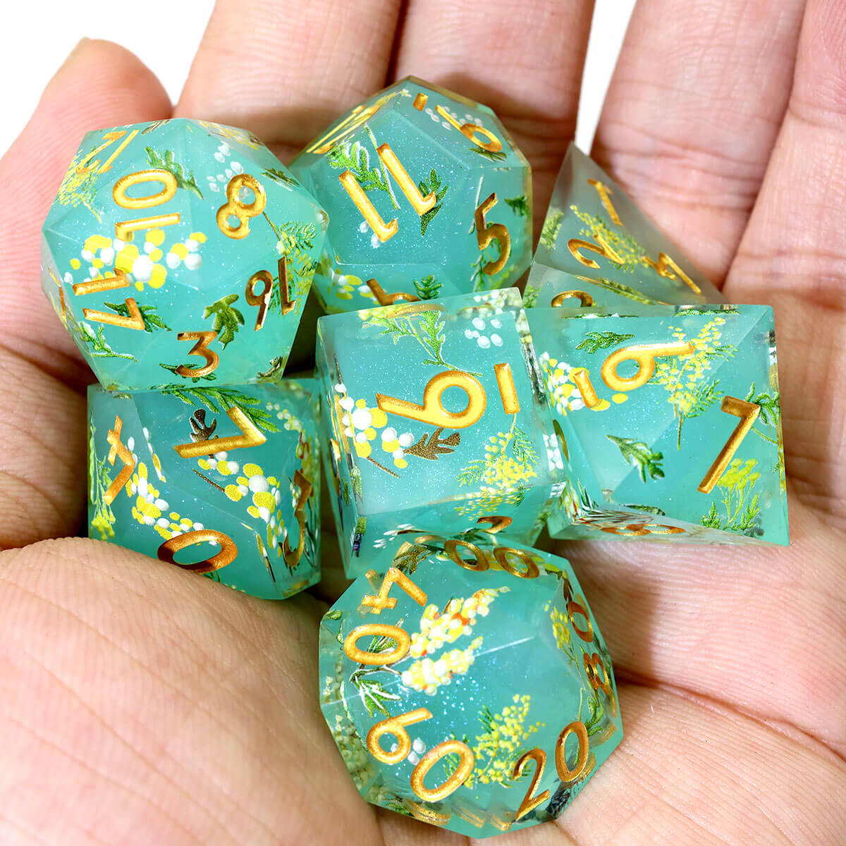 Green Flower 7-Piece Sharp Edge Layered DND Dice Set - Dice of Dragons
