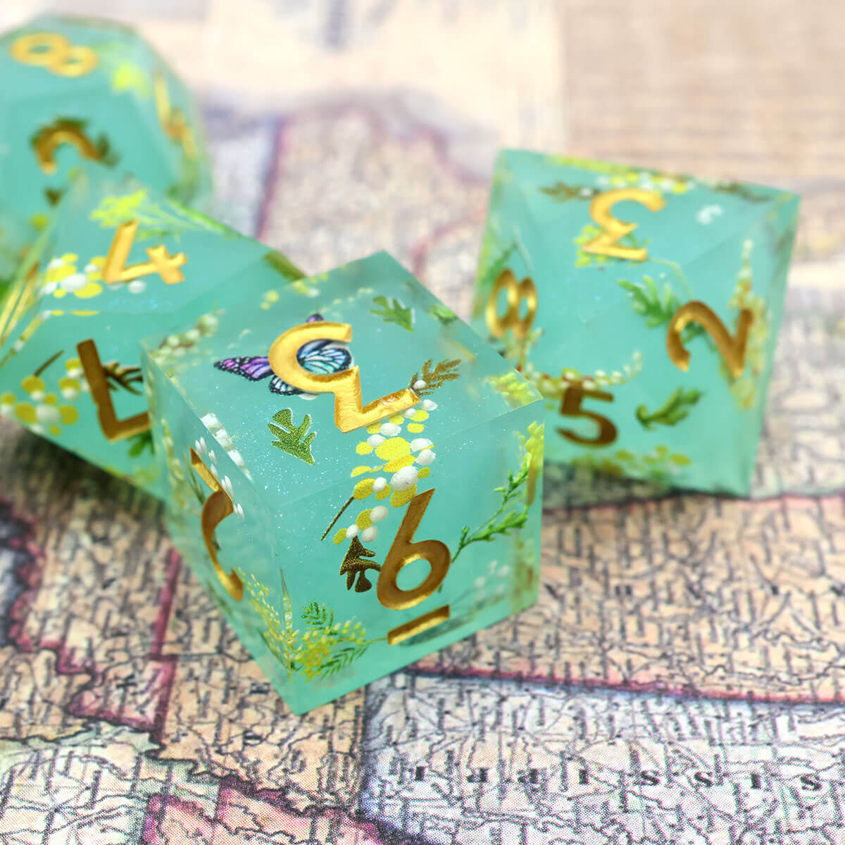 Green Flower 7-Piece Sharp Edge Layered DND Dice Set - Dice of Dragons