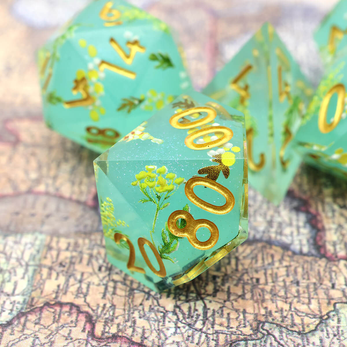 Green Flower 7-Piece Sharp Edge Layered DND Dice Set - Dice of Dragons