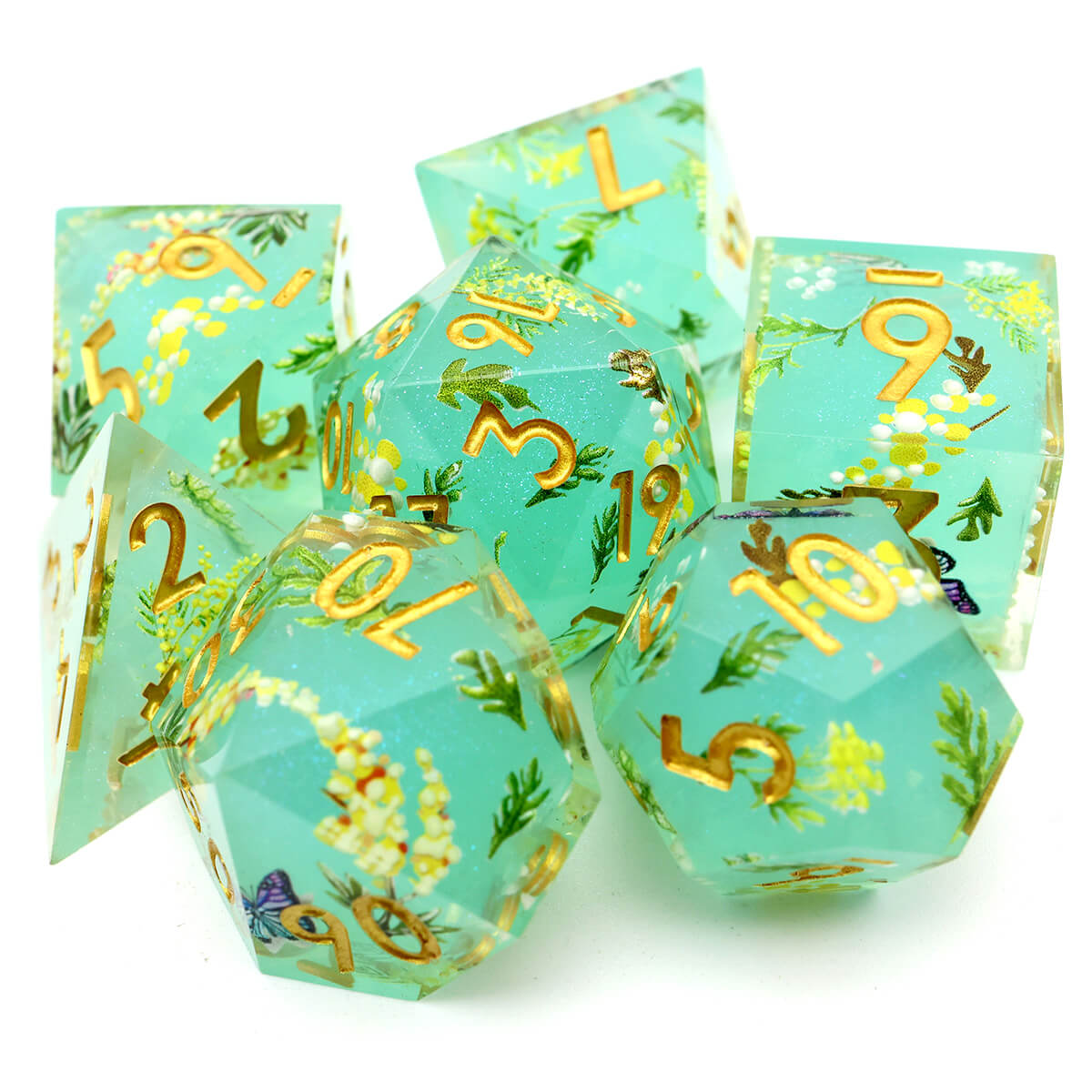 Green Flower 7-Piece Sharp Edge Layered DND Dice Set - Dice of Dragons