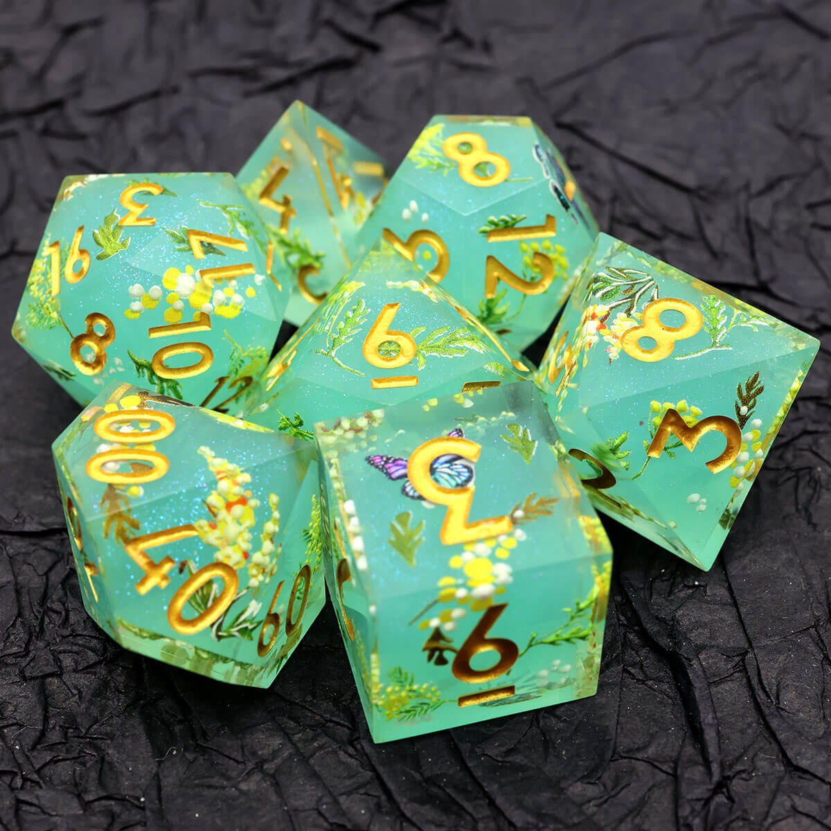 Green Flower 7-Piece Sharp Edge Layered DND Dice Set - Dice of Dragons