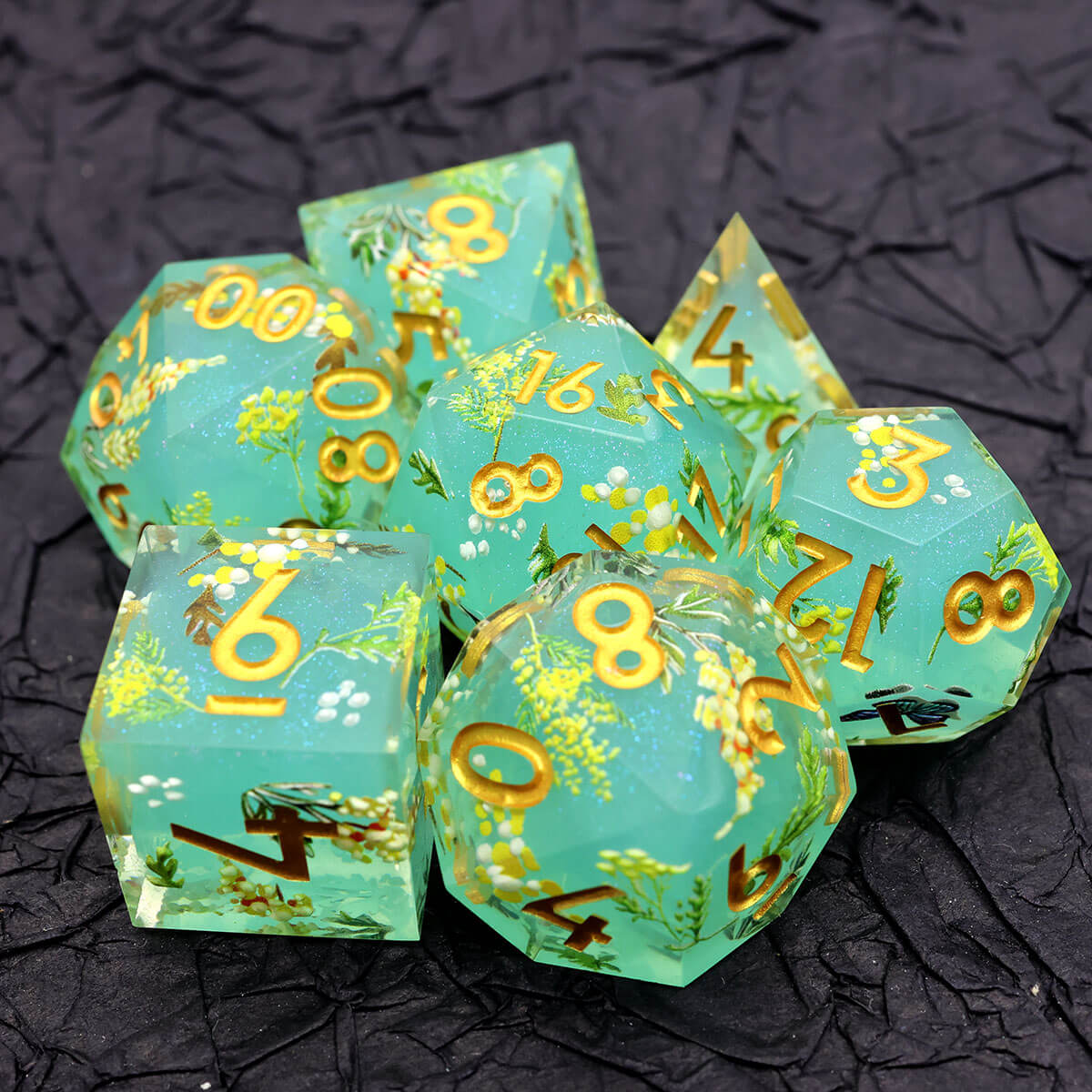 Green Flower 7-Piece Sharp Edge Layered DND Dice Set - Dice of Dragons