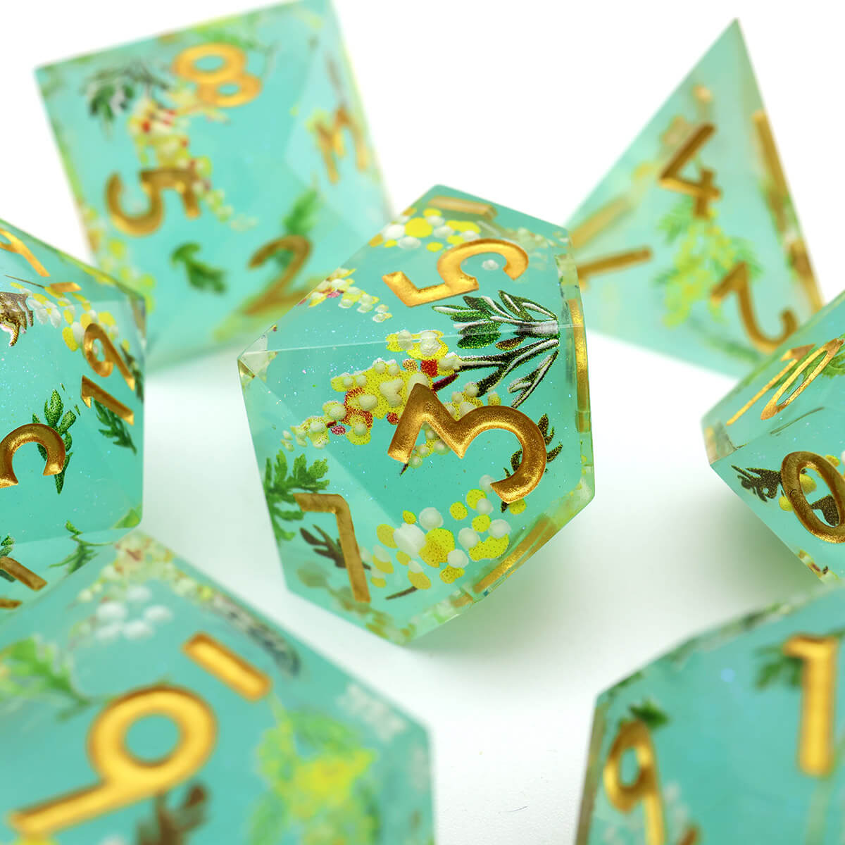 Green Flower 7-Piece Sharp Edge Layered DND Dice Set - Dice of Dragons