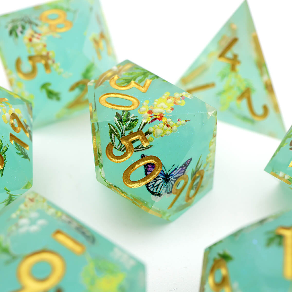 Green Flower 7-Piece Sharp Edge Layered DND Dice Set - Dice of Dragons