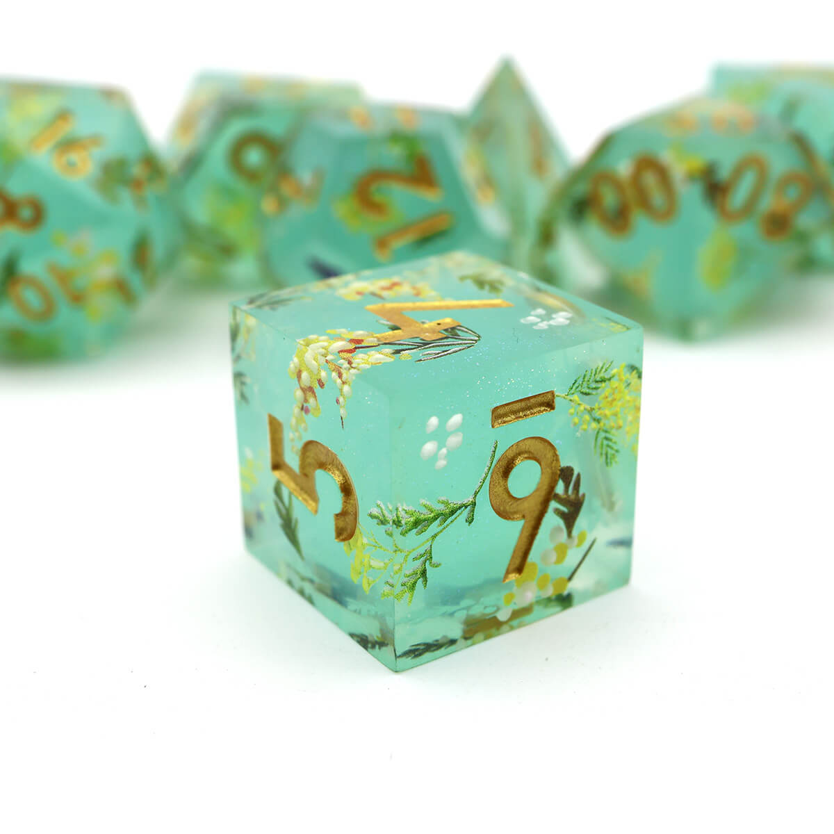 Green Flower 7-Piece Sharp Edge Layered DND Dice Set - Dice of Dragons