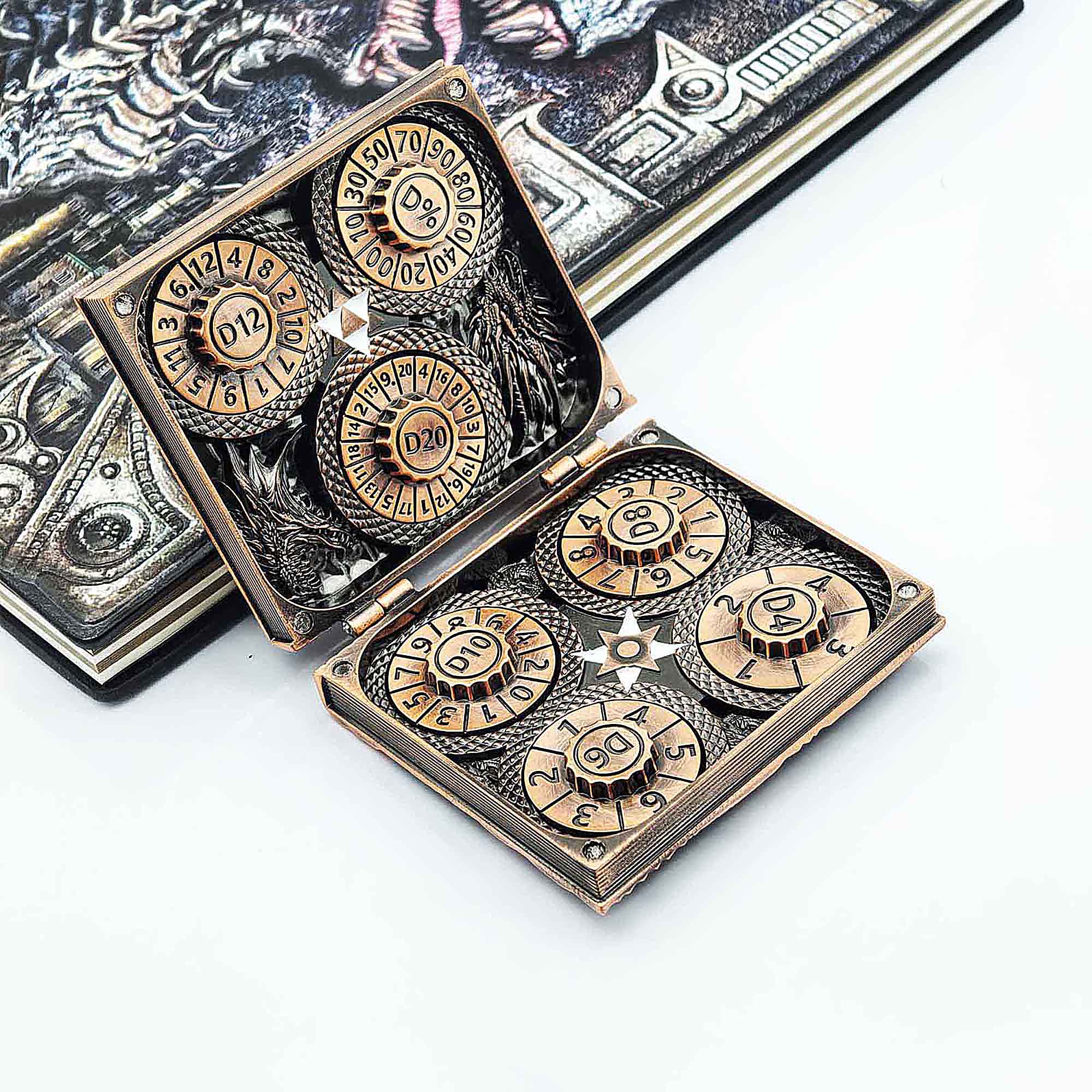 Flying Dragon 7 in 1 Rotating Roulette DND Metal Dice Magic Book Grimoire - Dice of Dragons