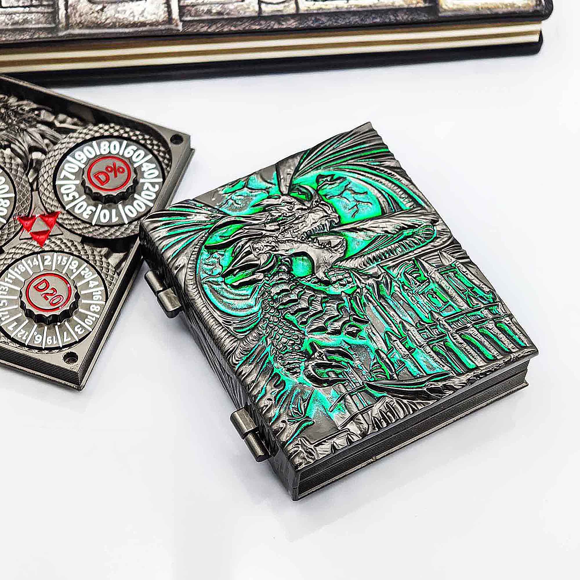 Flying Dragon 7 in 1 Rotating Roulette DND Metal Dice Magic Book Grimoire - Dice of Dragons