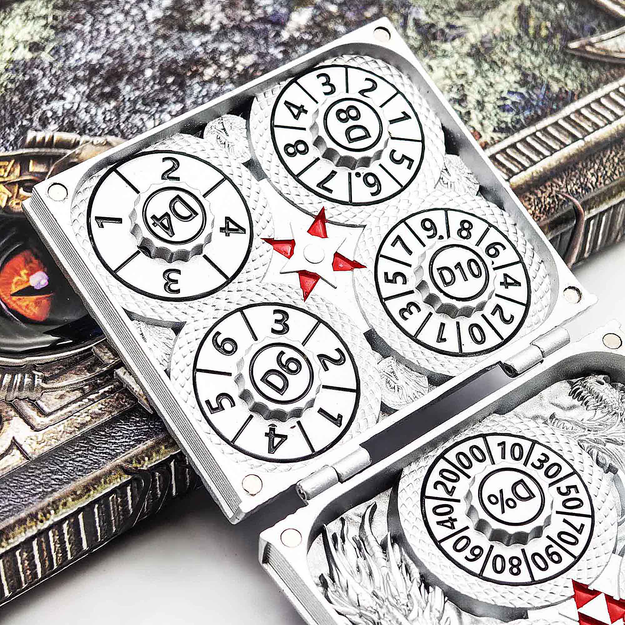 Flying Dragon 7 in 1 Rotating Roulette DND Metal Dice Magic Book Grimoire - Dice of Dragons