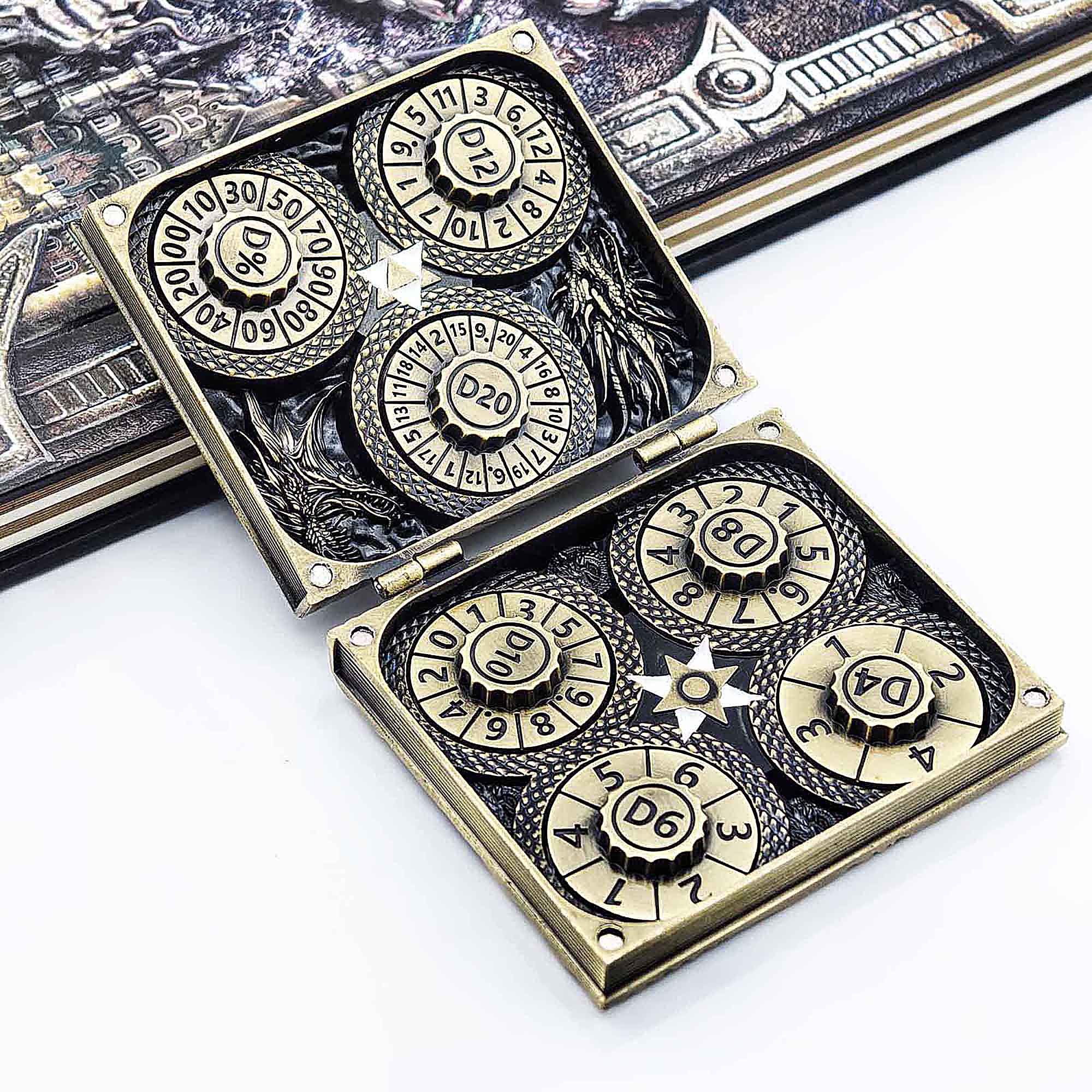 Flying Dragon 7 in 1 Rotating Roulette DND Metal Dice Magic Book Grimoire - Dice of Dragons