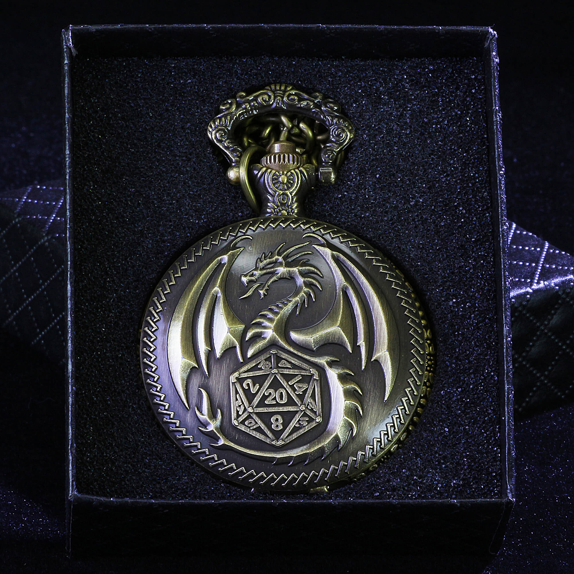 Flying Dragon Mini Polyhedral Metal D and D Dice Set with Pocket Watch Shell Case - Dice of Dragons