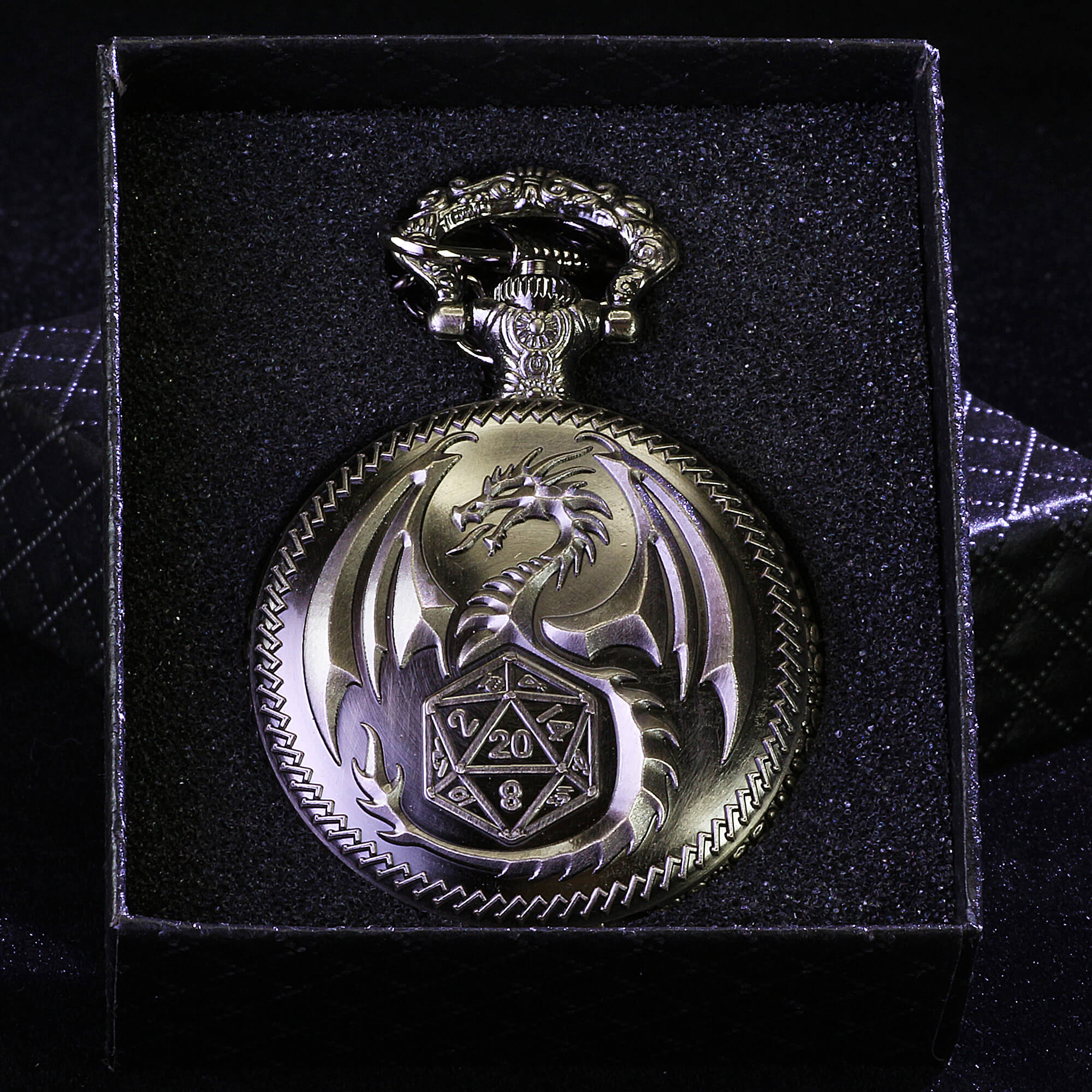 Flying Dragon Mini Polyhedral Metal D and D Dice Set with Pocket Watch Shell Case - Dice of Dragons