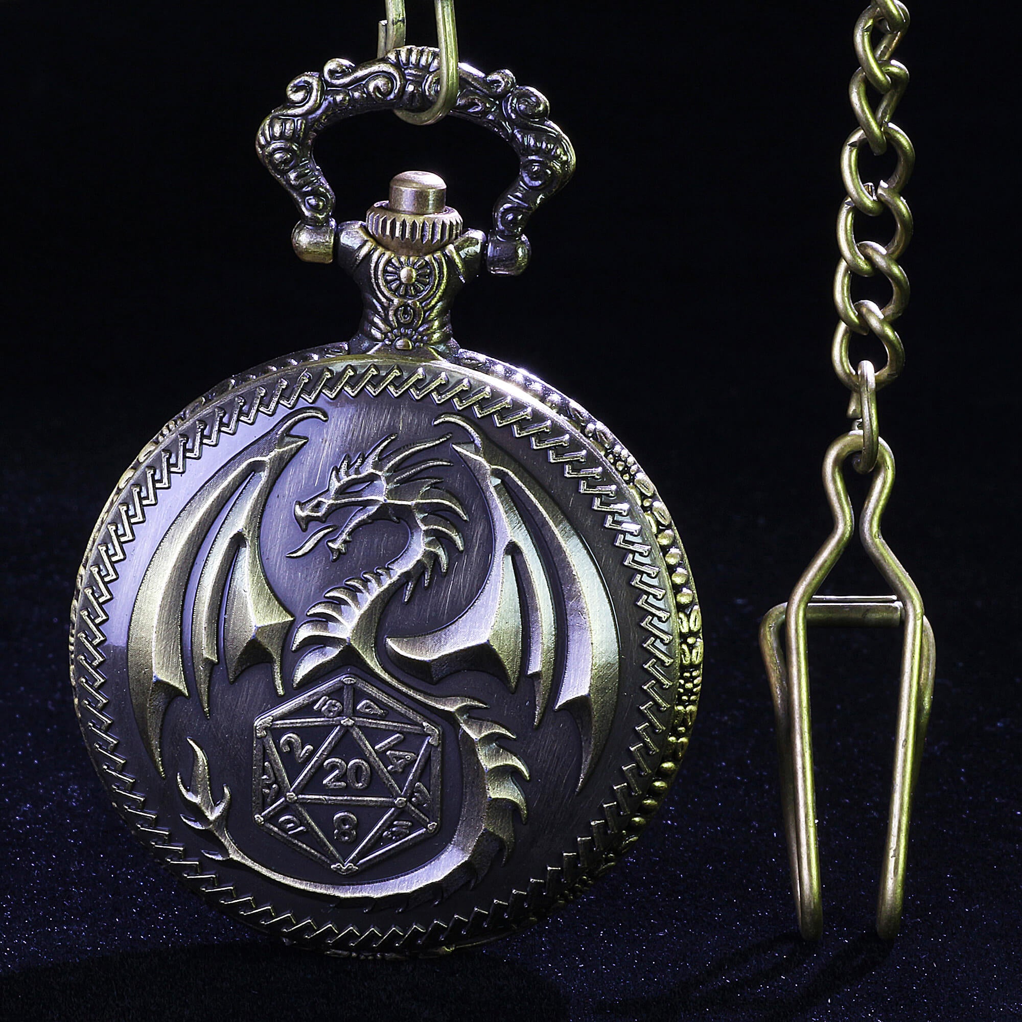 Flying Dragon Mini Polyhedral Metal D and D Dice Set with Pocket Watch Shell Case - Dice of Dragons