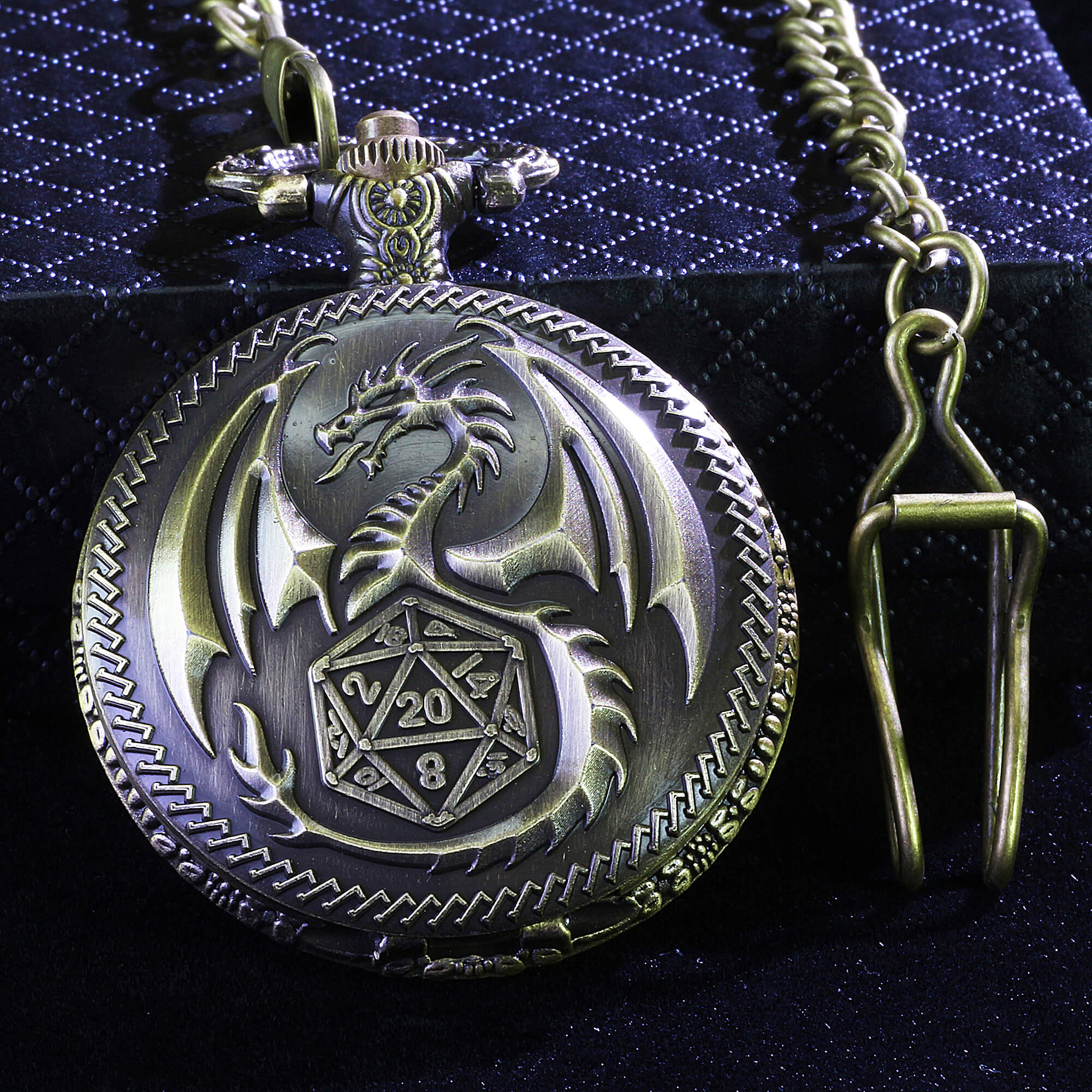 Flying Dragon Mini Polyhedral Metal D and D Dice Set with Pocket Watch Shell Case - Dice of Dragons